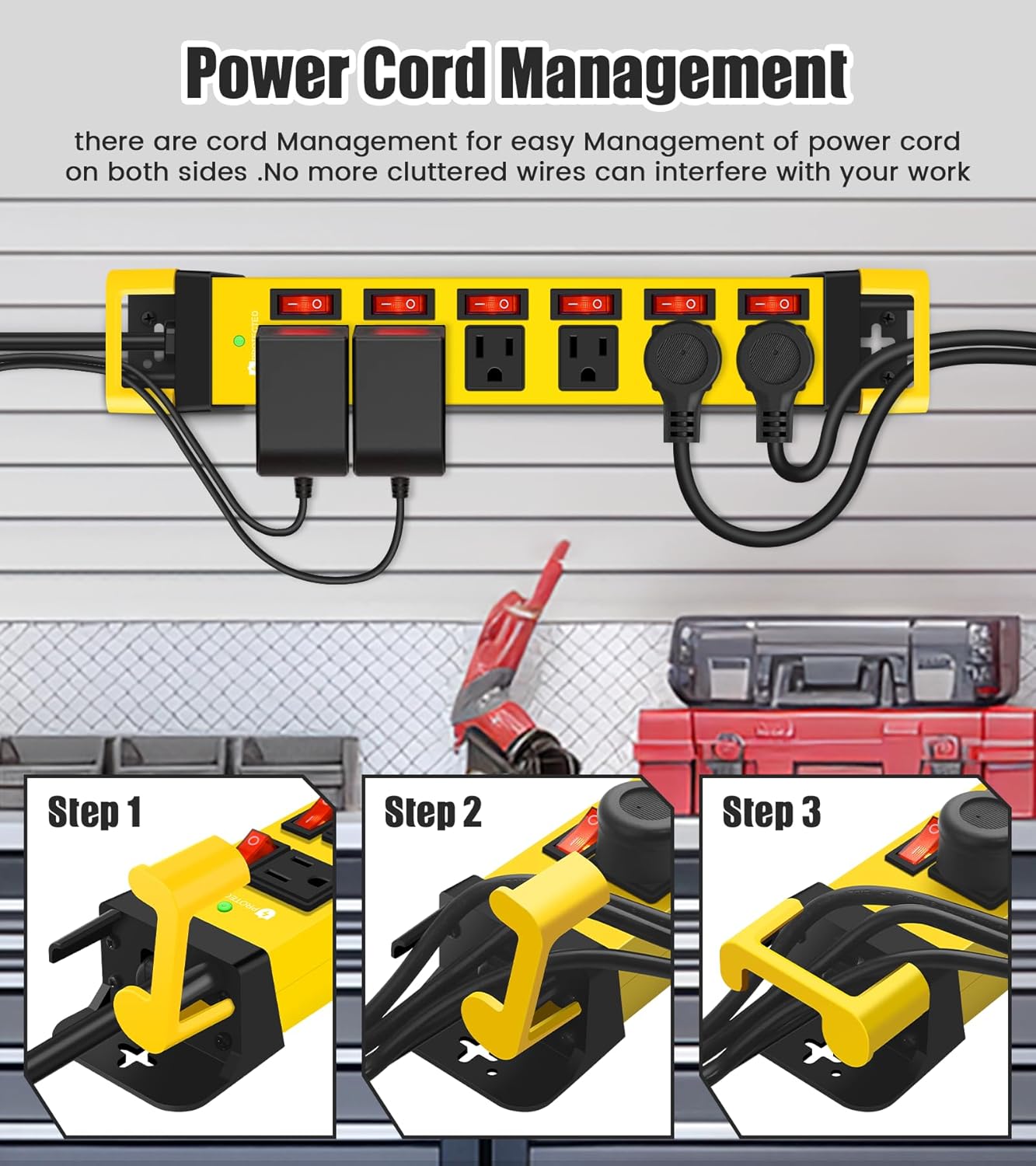 Heavy Duty Power Strip,6 Outlets Metal Power Strip with Individual Switch & Cord Management,Mountable Surge Protector 1200J,6FT Extension Cord(Yellow,6 FT)