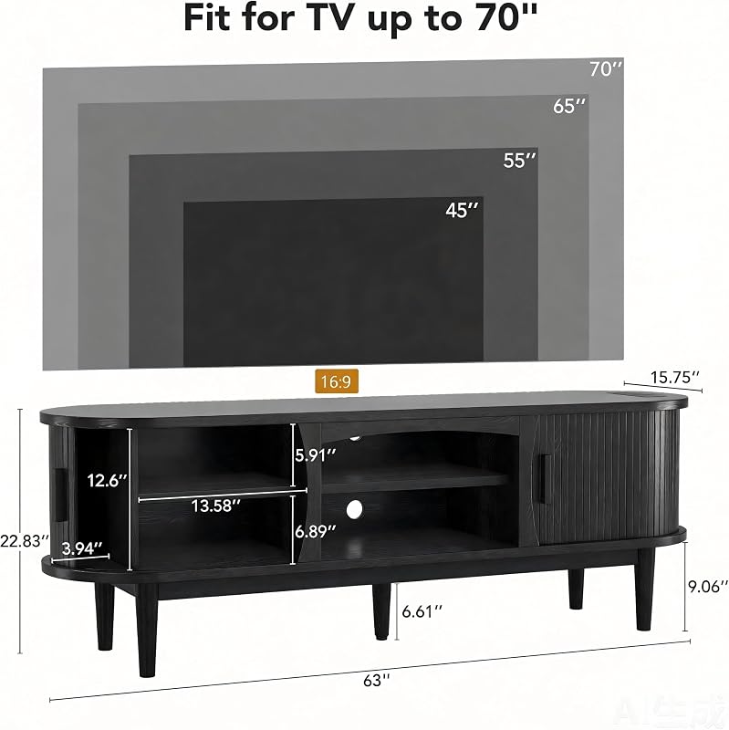 Decofy 63" Fluted TV Stand for TVs Up to 70" with Charging Station, Black image 3