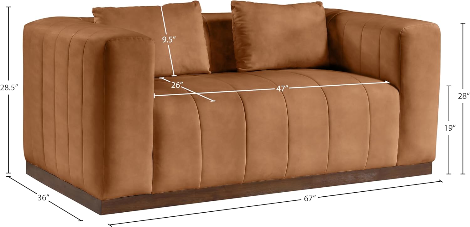 Meridian Furniture 44098Cognac-L Mallina Collection Modern | Contemporary Loveseat with Soft Cognac Vegan Leather, Walnut Finish Solid Wood Base, Deep Channel Tufting, 67" W x 36" D x 28.5" H, Cognac