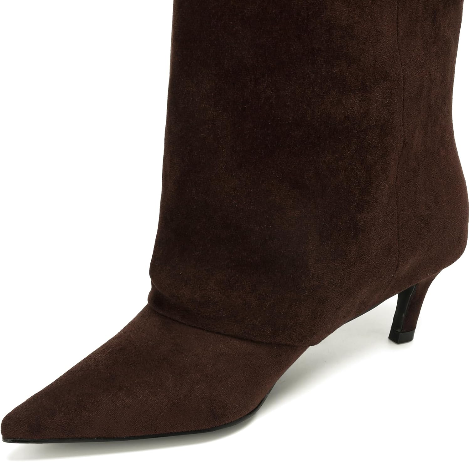 Brown Suede Knee High Boots for Women Comfortable Pull on Pointed Toe 2 Inch Kitten Heel Fold Over Boots. - Image 7