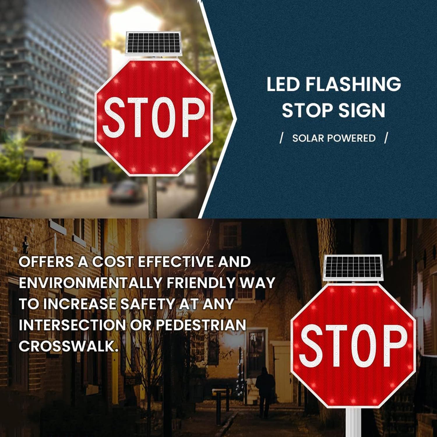 Solar Powered LED Flashing Stop Sign - 24" Octagon Aluminum Traffic Warning Sign, Blinking Street Sign for Enhanced Road Safety, 60cm Solar-Powered Signal