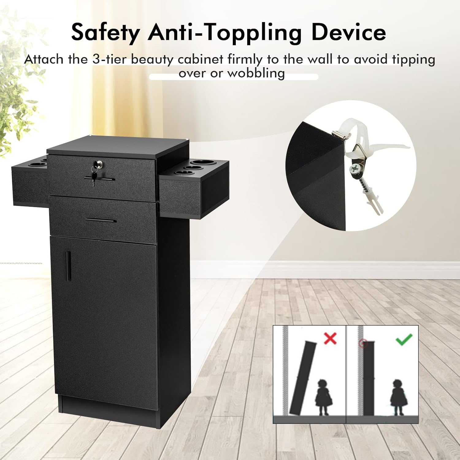 Giantex Salon Storage Cabinet, Locking Hair Styling Storage Organizer with 2 Drawers, 6 Hair Dryer Holders, Wooden Beauty Salon Spa Barber Station Hairdressing Equipment, Black (1)