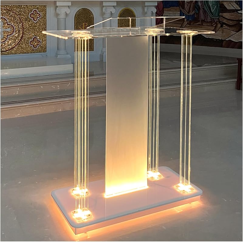 Church Pulpit with Led Lights, 46” Acrylic Pulpits for Churches, Transparent Podium Stand with Wheels& Spacious Reading Platform, Clear Lectern for Speech (39.4”L*15.7”W *44”H)