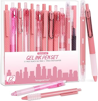 Tetragonal tree 12Pcs Gel Pens Set, 11Pack Gel Pens with 1Pack Highlighter - Fast-Drying Black Ink, Fine Point 0.5mm, Retractable, Cute Pens - Garnet Red Aesthetic Gel Ink Pens for Journaling