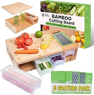 Bamboo Cutting Board With Containers & 5 Graters- Meal Prep Station With Removable Board, Breakfast Station Cutting Board With Tray + Lid For Trays Wooden Home Kitchen Prep Cup Board Prep Deck Pro Kit