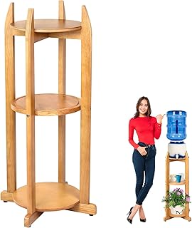 Natural Solid Wood Water Dispenser Stand (32.8" Height-11.2" Wide) With 3 Round Shelves for 1-5 Gallon Bottles/Crocks/Jugs - Ceramic Floor Stand