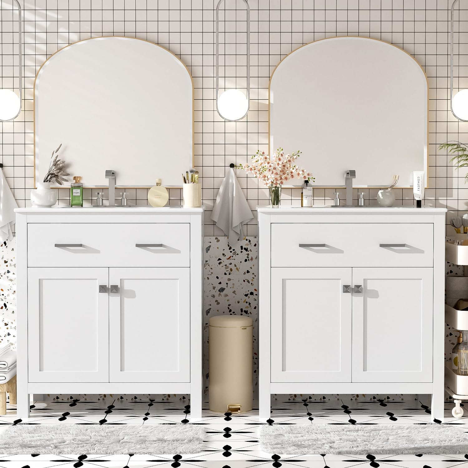 60" Modern White Bathroom Vanity Set with Double Vanities (Separate), Double Ceramic Sinks, Adjustable Shelf, Soft Close Doors and Flip Drawer for Spacious Bathrooms