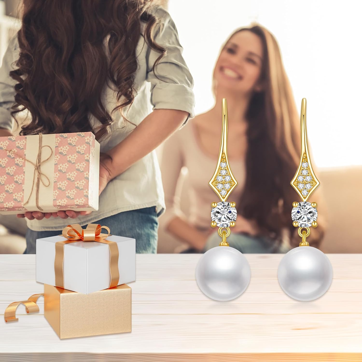 SISGEM 10k Gold Created Moissanite and Freshwater Cultured Pearl Dangle Earrings for Women, Fine Jewelry Gifts for Her