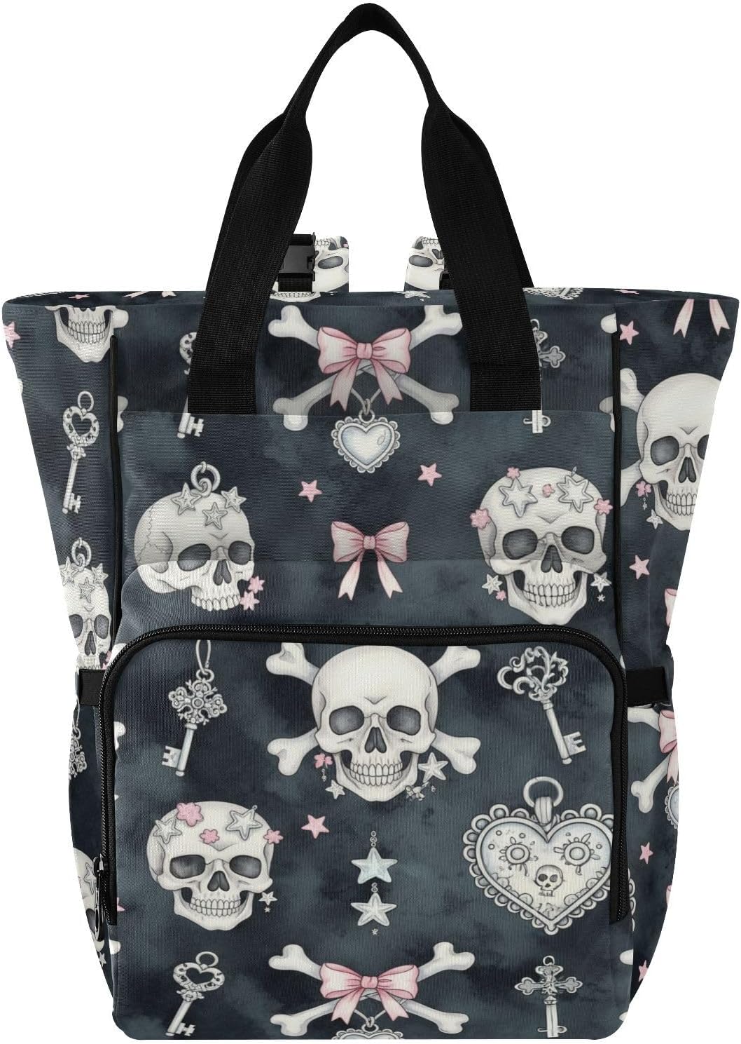 Gothic Skulls Bows Black Print Diaper Bag Backpack for Baby Boys Girls Multifunction Baby Essentials Travel Tote with Stroller Straps & Bottle Storage Nappy Changing Bag for Traveling Baby Shower