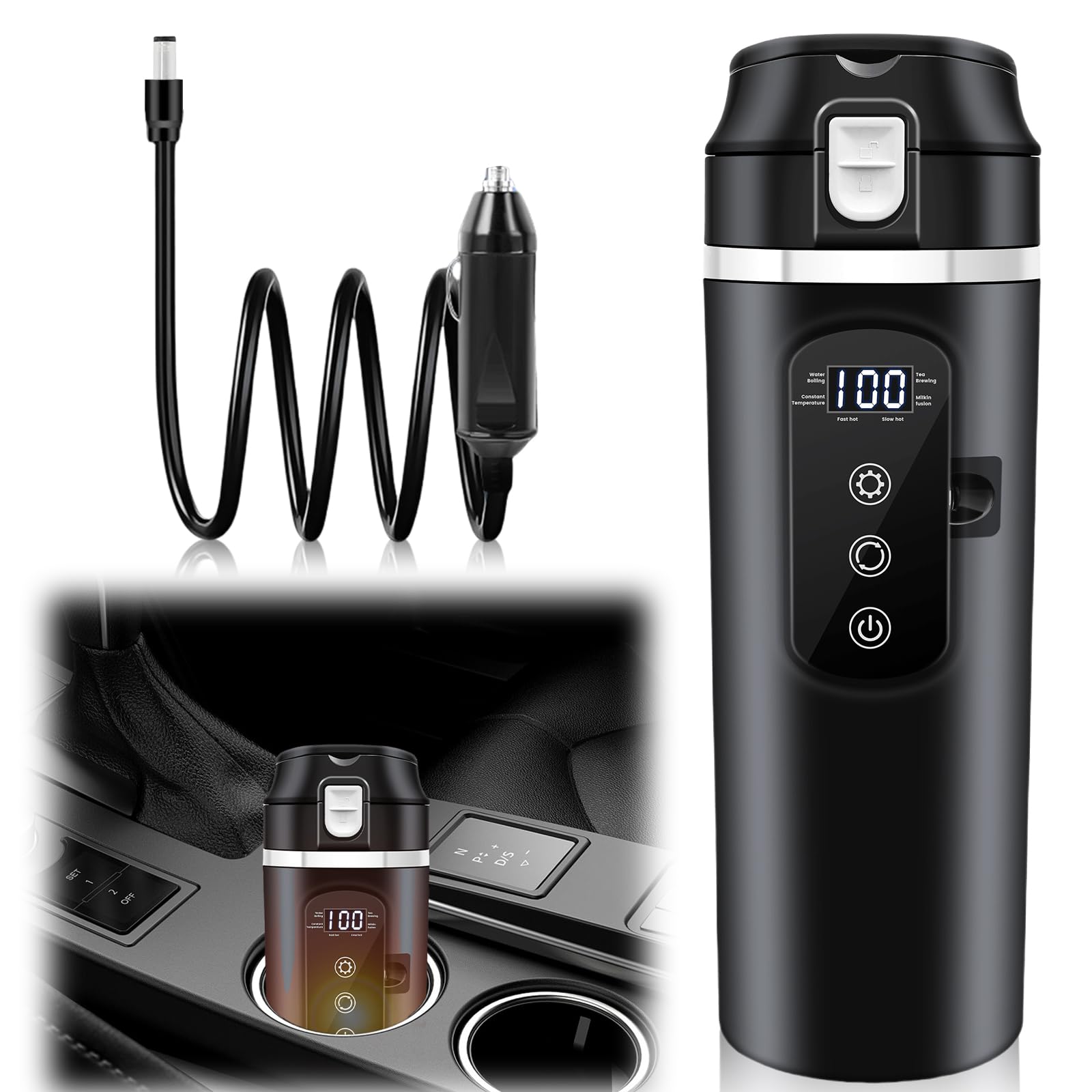 PORFOYO Hervidor de agua para coche, 12 V, minihervidor de café, 500 ml, negro, hasta 100 ℃, control de temperatura variable para camiones, viajes, camping