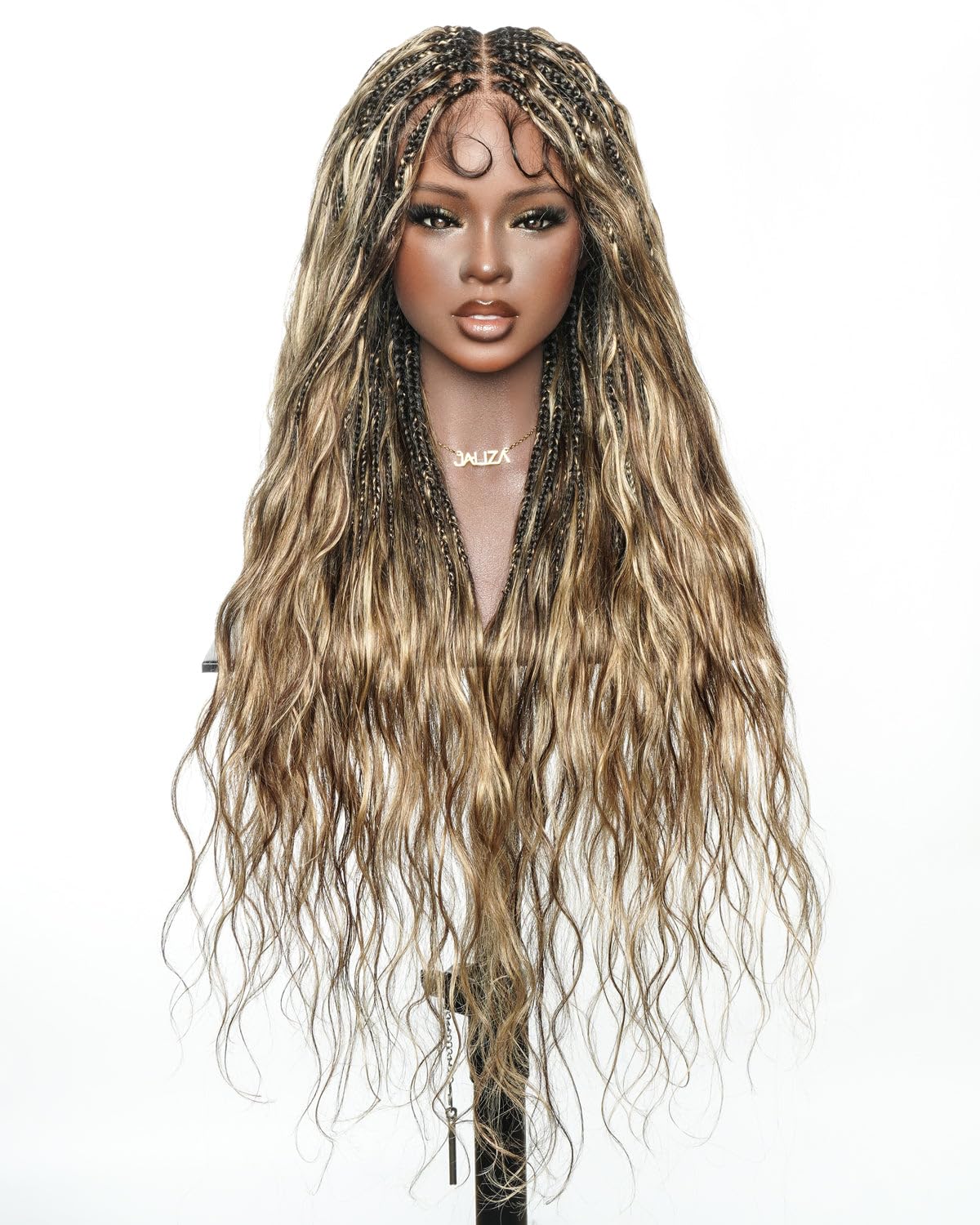 JALIZA Michelle Luxury 30" 250 Density Bora Bora Boho Box Braided Wig, Pre Bleached Swiss HD Full Lace, Human Hair Boho Curls & Baby Hair (Blend Blond 1B-4&27,E