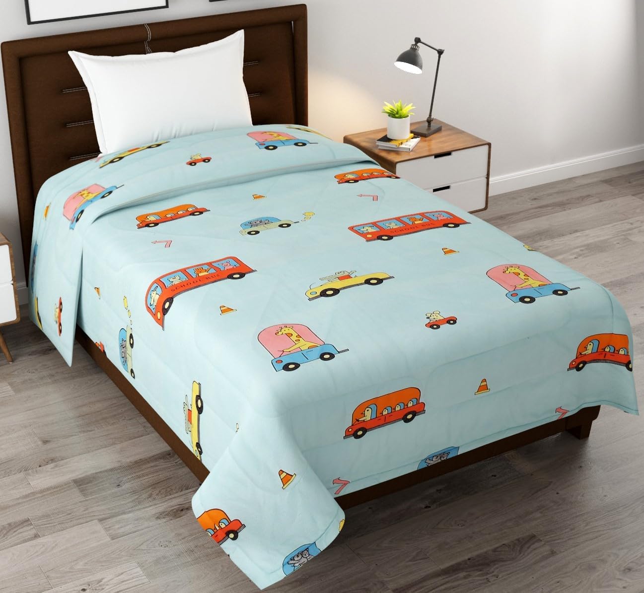 FRESH FROM LOOM All Seasons Collection Single Bed Cartoon Printed Blankets for Kids | Dohar for Kid Boys & Girls | Glace Cotton Soft Children Comforters | All Seasons Blankets (60x90 in | Bus Aqua)