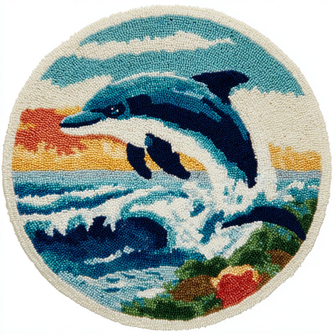 Rqwybcaxn DIY Rug Latch Hook Kits for Teens Animal Needlework Kit Dolphins and Waves 80x80cm Round Washable Area Rug Study Wall Hanging