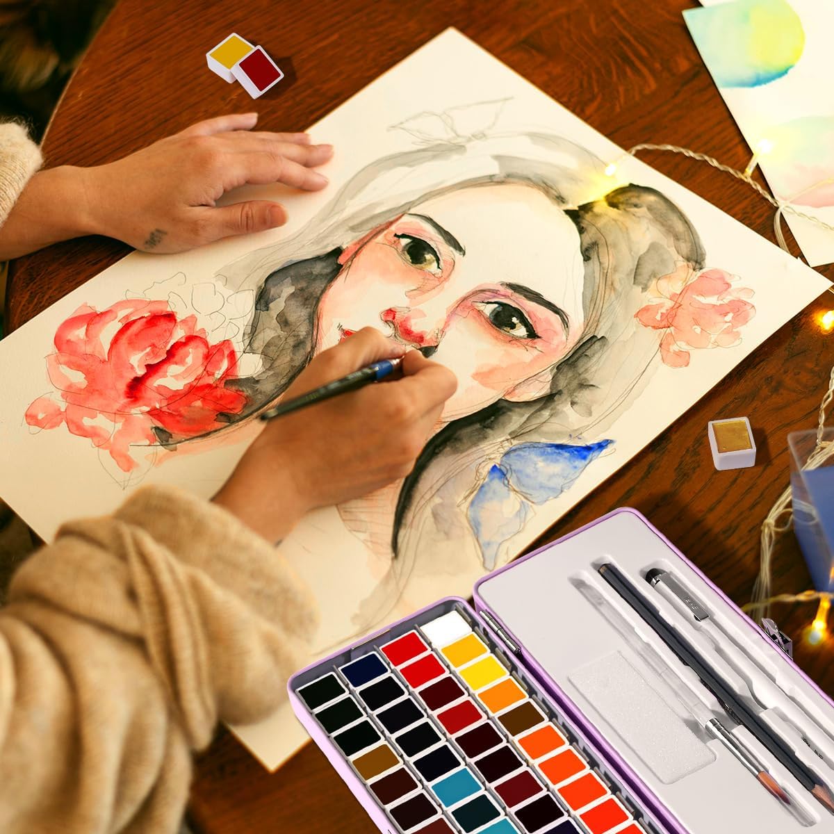 Travel Watercolor Set, 52 Colors Watercolor Paint with 1 Drawing Pencil, 1 Paint Brush, 5 Watercolor Paper, 1 Sponge & 1 Black Drawing Pen, Water Colors Paint Adults Set, Purple Case