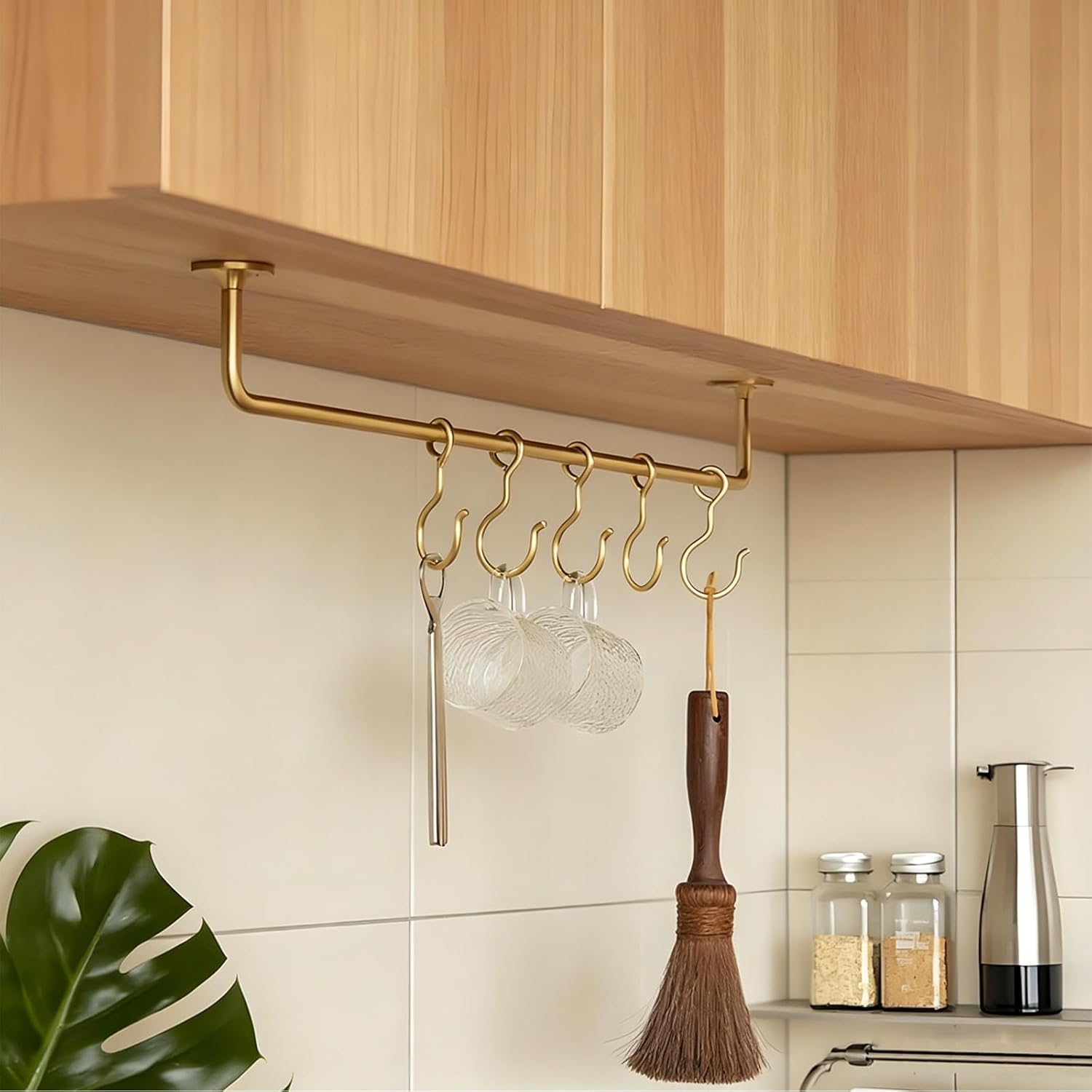 Brass Kitchen Hanging Rod, Wall Mounted Utensil Rack with S Hooks, Spoons & Tools, Organizer for Kitchen, Bathroom & Cabinet Underside(80cm/31in)