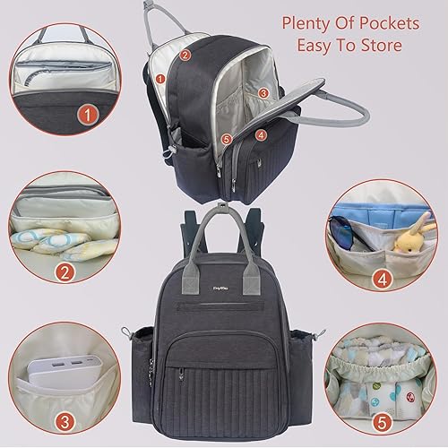 Miniatura 4 de Hap Tim Mochila para pañales, mochila de gran capacidad con cambiador, 19 bolsillos, 2 clips para cochecito, búsqueda de lista de regalos de bebé,