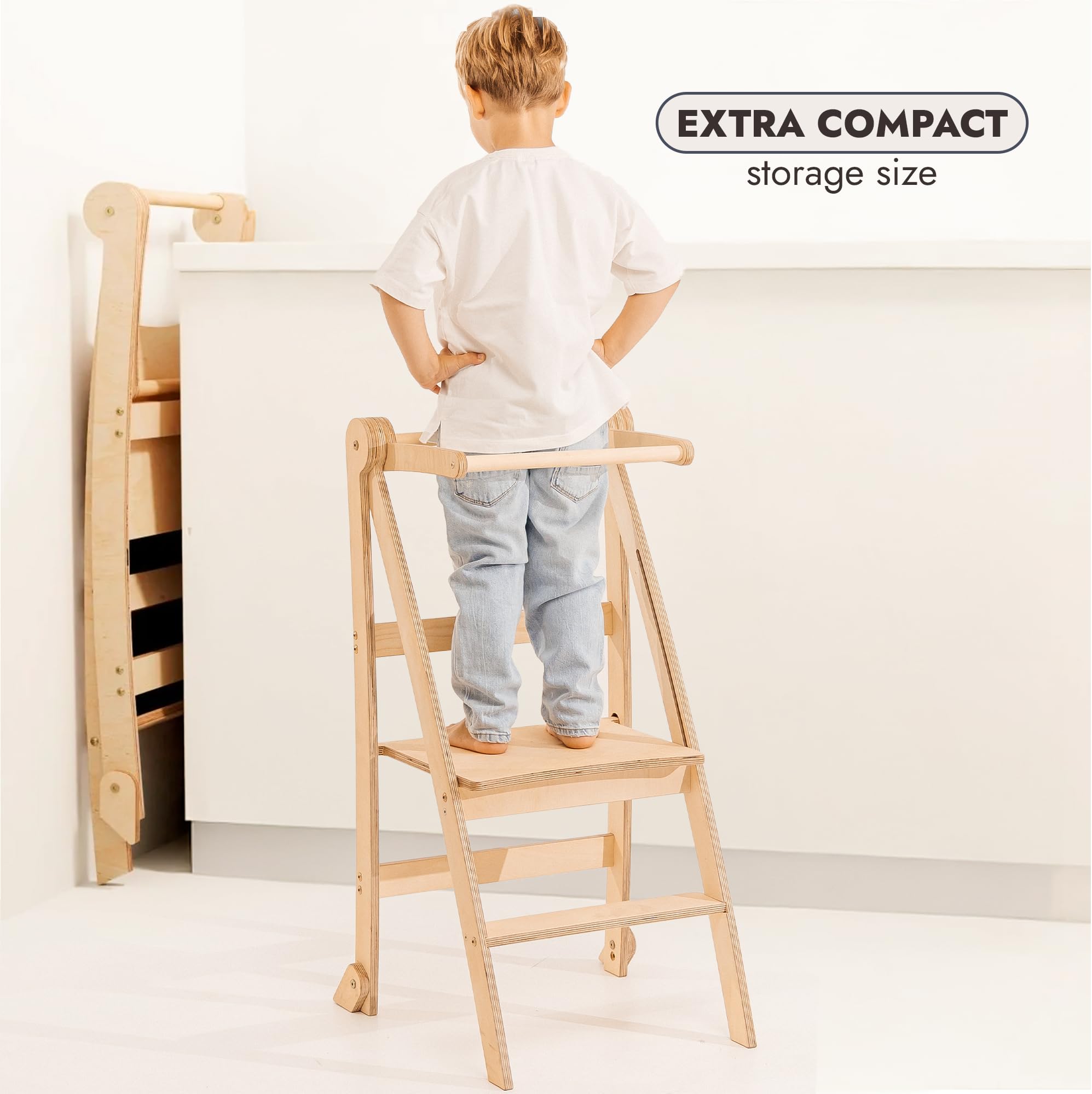 Montessori Learning Tower in legno, torre di apprendimento pieghevole per bambini, salvaspazio, anti-ribaltamento, antiscivolo, sgabello per cucina e bagno, design sottile