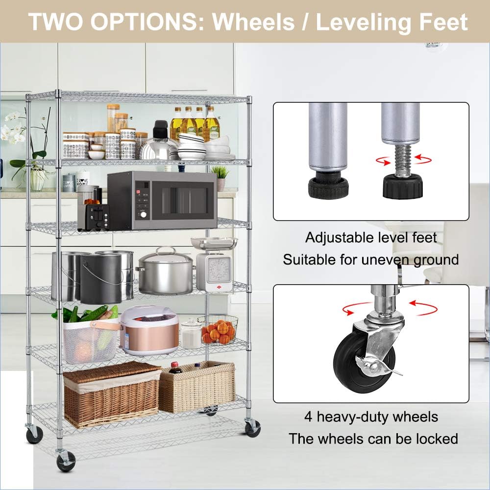 Metal Storage Shelves 6 Layer Wire Shelving on Wheels Heavy Duty Metal Rack Utility Shelves 48" NSF Steel Racks 2100 LBS Capacity Adjustable Standing Shelves for Garage Kitchen Office, Chrome : Home & Kitchen