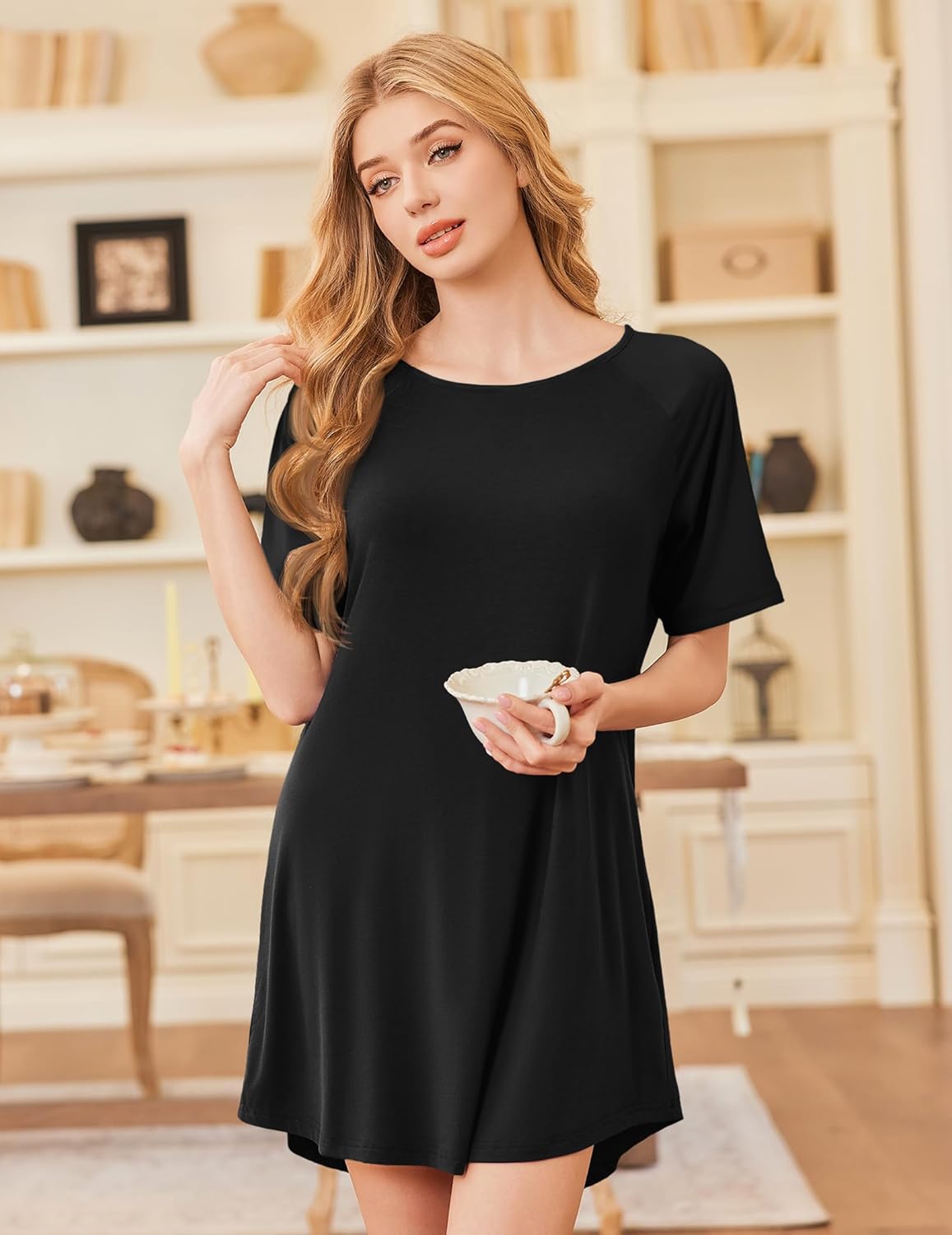 Ekouaer Nightgowns for Women Bamboo Viscose Sleep Shirts Short Sleeve Nightshirt Casual Sleepdress Soft Sleepwear S-XXXL - Image 5