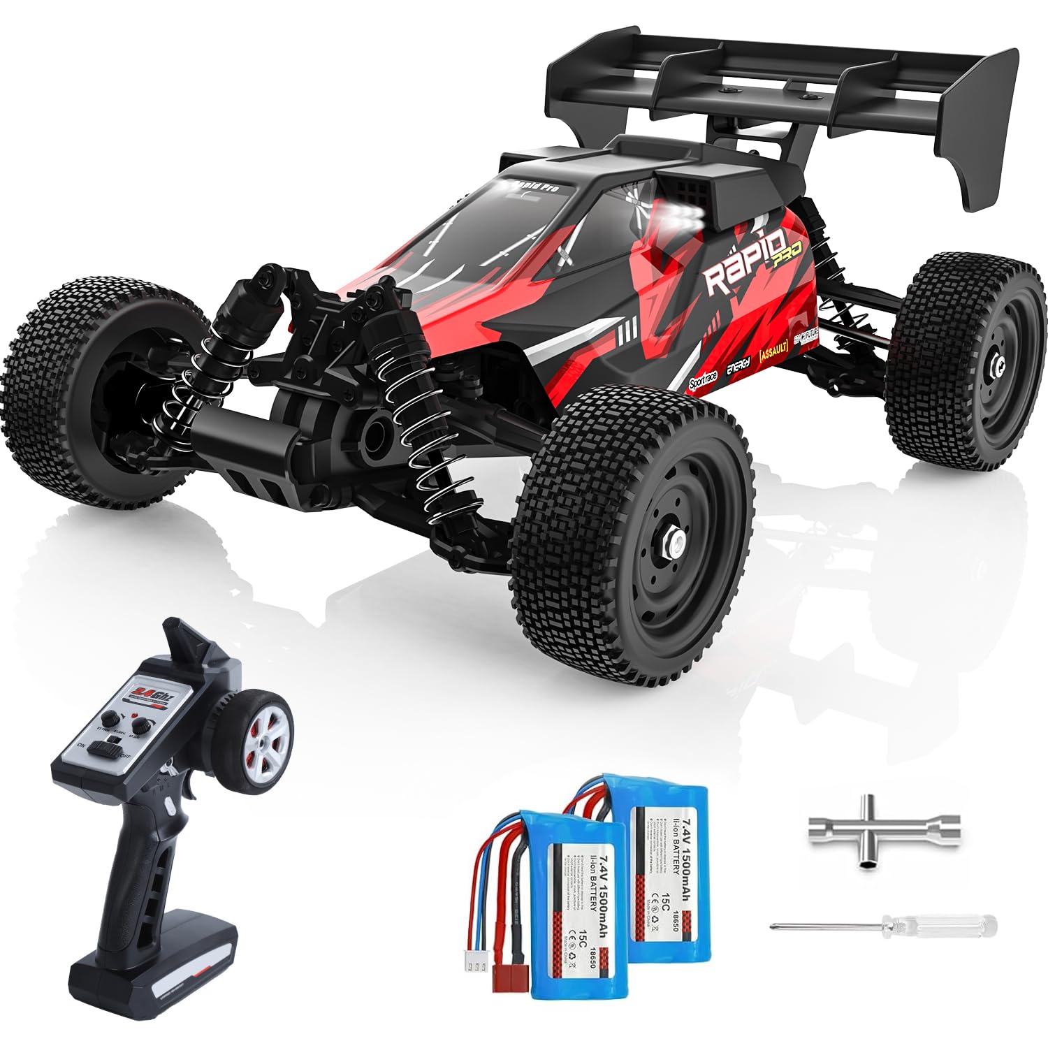 DEERC Ferngesteuertes Auto 1:16 Bürstenloser Motor 50 km/h, 2WD Schnelles Offroad Auto mit 2 Akkus & LED-Licht, RC Auto für Erwachsene und Kinder, Geschenk zu Weihnachten und Geburtstag