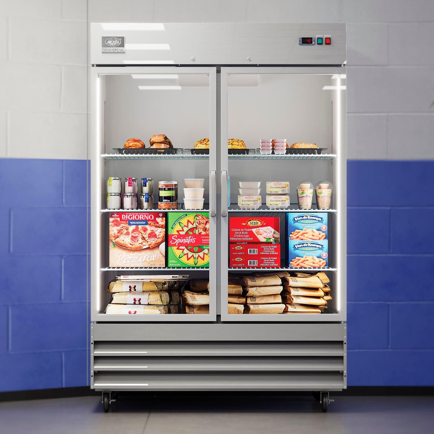 Global Industrial Nexel Stainless Steel Reach In Refrigerator, 2 Glass Swing Doors, 47 Cu. Ft., 3" Swivel Casters, Commercial-Grade Food Storage, 54"W x 32-1/4"D x 82-1/2"H