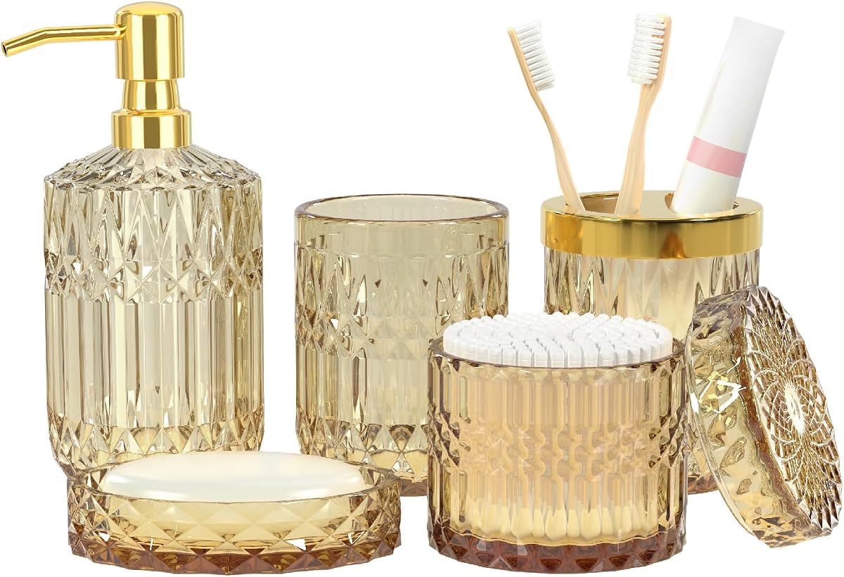 Juego de accesorios de baño marrón, 5 piezas, accesorios de baño de vidrio ámbar con soporte para cepillo de dientes, dispensador de jabón, jabonera, vaso, tarros de hisopo de algodón, juego de decoración de baño vintage, regalo de inauguración