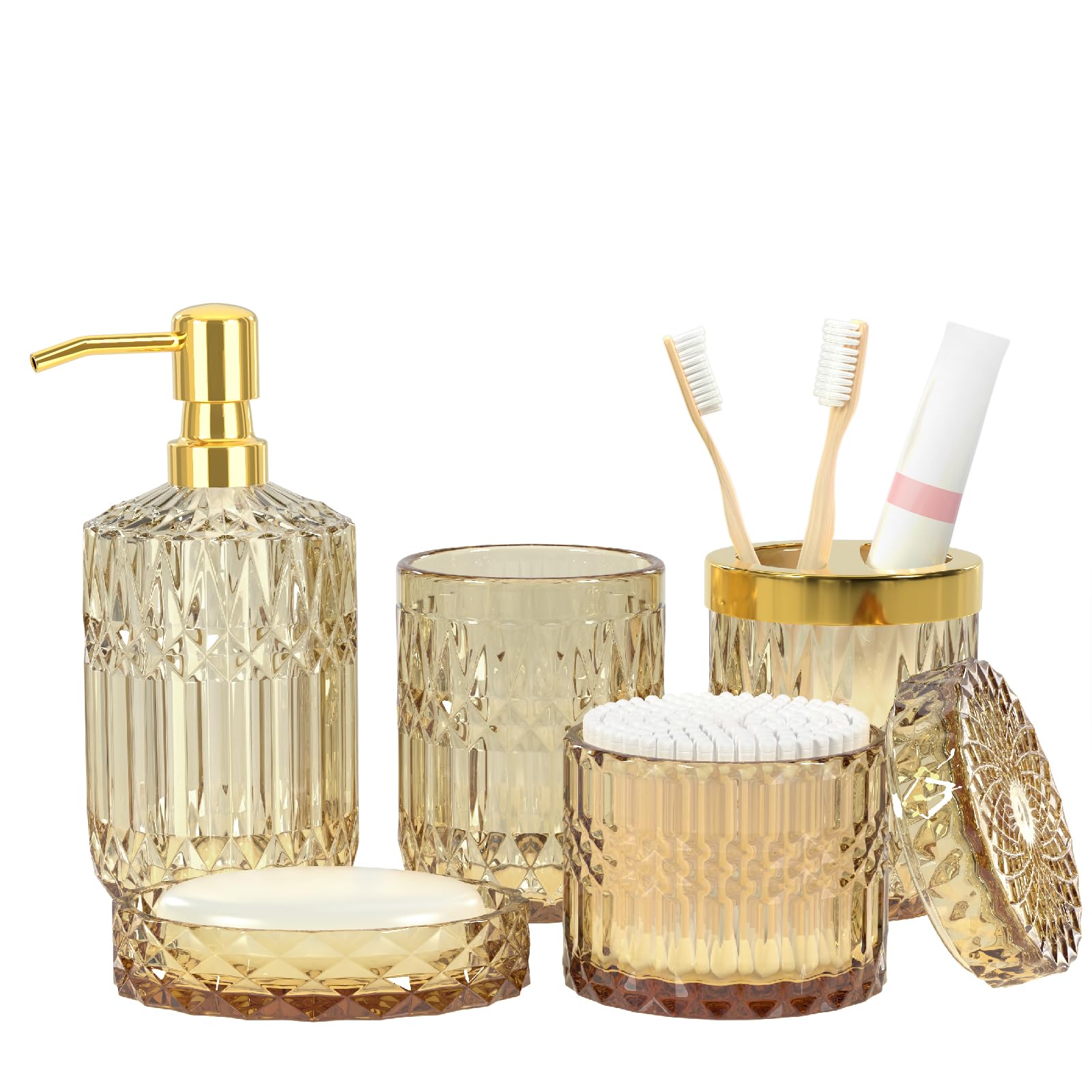 Brown Bathroom Accessory Set 5PCS - Amber Glass Bathroom Accessories with Toothbrush Holder Set, Soap Dispenser, Soap Dish, Tumbler, Cotton Swab Jars, Vintage Bathroom Decor Set Housewarming Gift