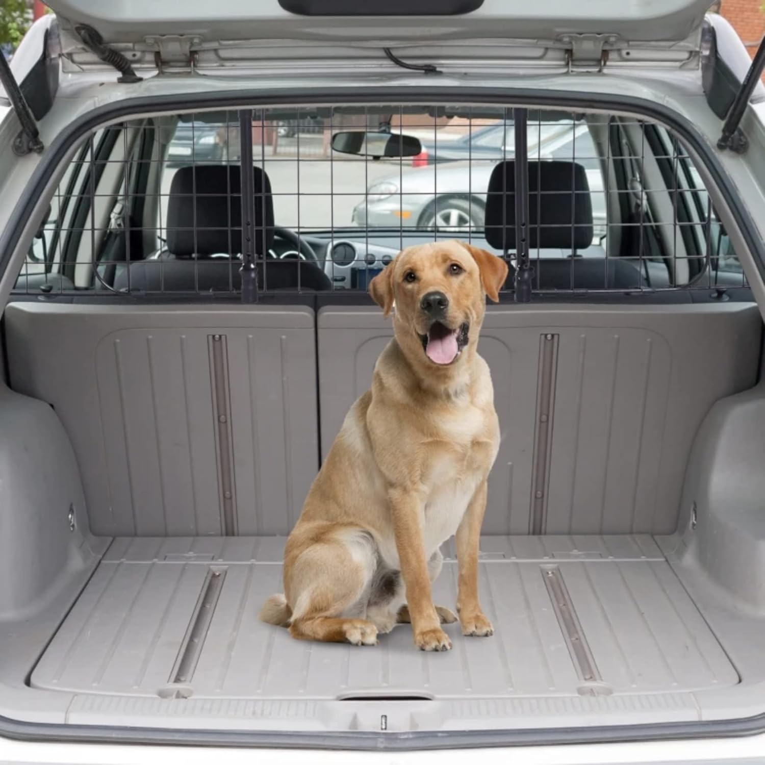 Zenzee Dog Car Barrier installed in a car with a Labrador