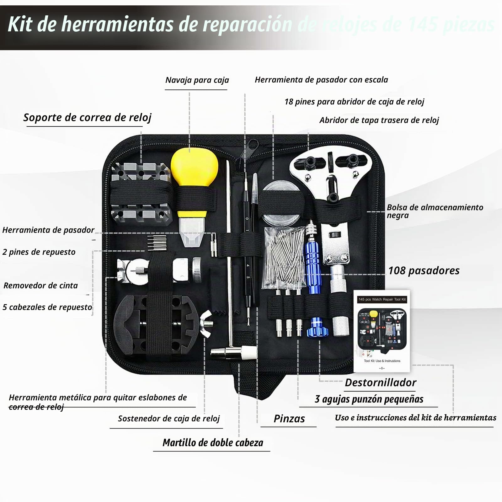 Kit Reparación Relojes, GLDCAPA Kit Profesional de Reemplazo de Baterías de Relojes, Kit de Herramienta de Remoción de Eslabones de Relojes, Juego de Prensa de Relojes con 60pcs de Baterías de Relojes