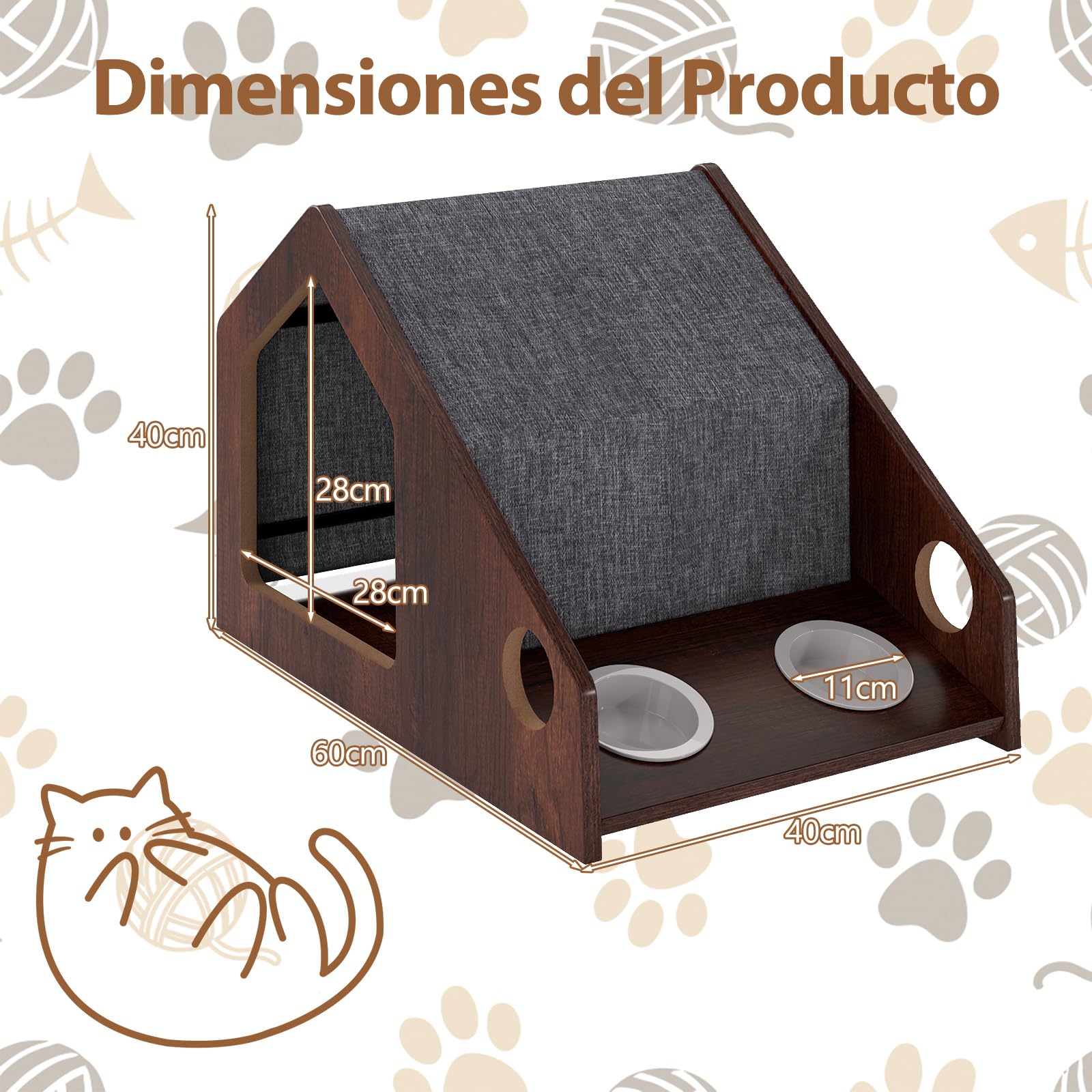 COSTWAY Casa para Gatos de Madera para Interior, 60x40x40 cmCaseta para Gatos con Comedero, Techo Desmontable y Lavable, Estructura Metálica, Villa de Estilo de Granja, Refugio Decorativo para Gatitos