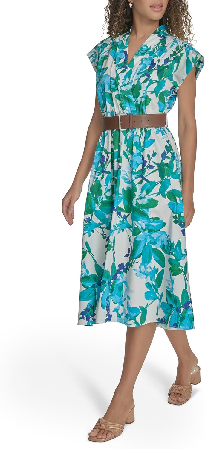 Calvin Klein Womens Cap Sleeve V-Neck Belted Midi Cotton A-line Dress - Image 2