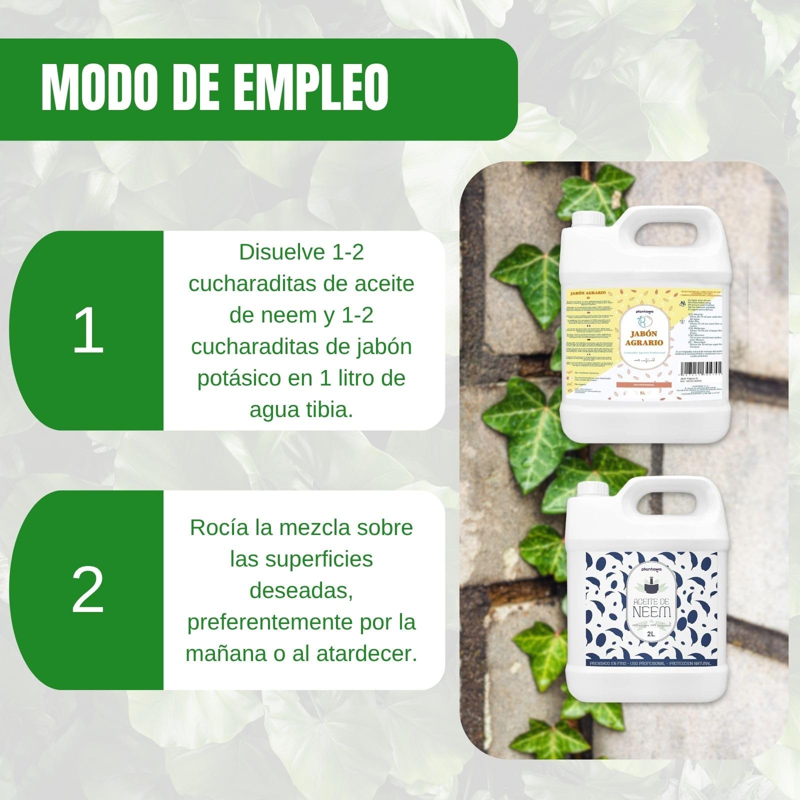 PLANTAWA Pack Jabón Potásico 5L + Aceite de Neem 2L | Solución Multiusos | Fácil Aplicación y Máxima Eficacia | Versátil | Uso en Interior y Exterior | Productos de origen natural