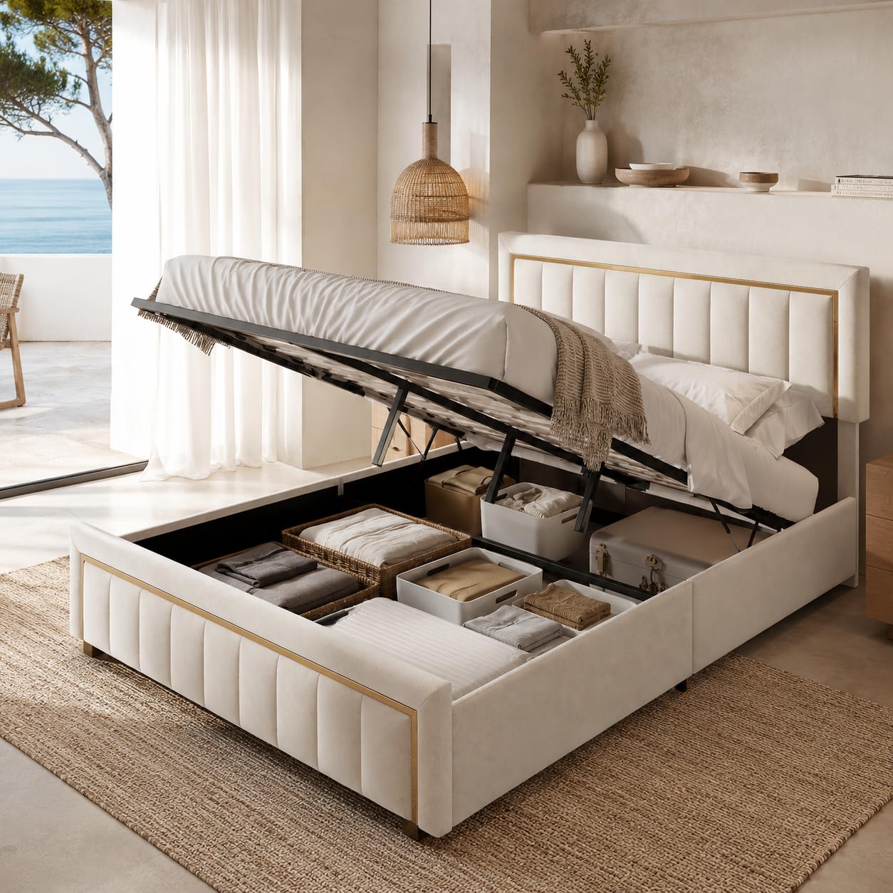 Cama de Matrimonio 140x200 cm con Canapé Abatible, Cama Tapizada de Terciopelo con Gran Espacio de Almacenamiento, Cabecero y Pie de Cama Acolchados, sin Colchón, Beige