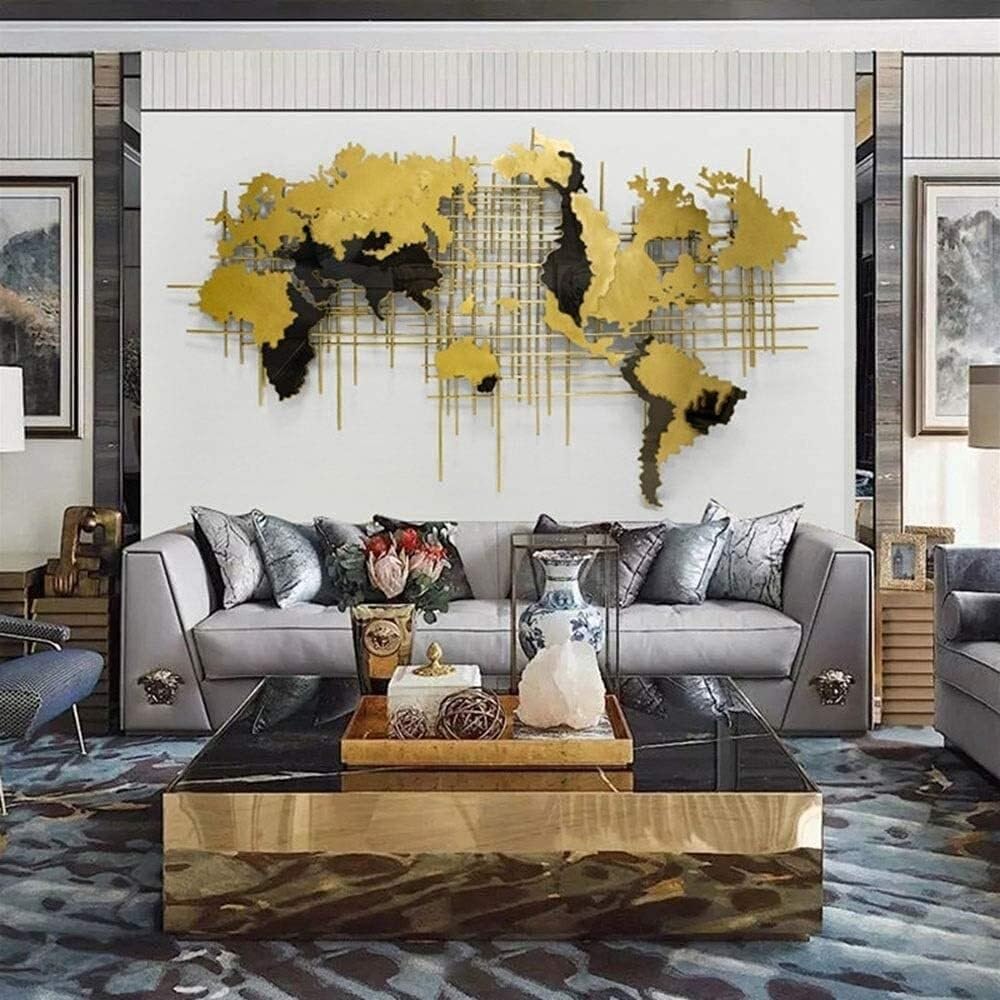 Décoration Murale Carte du Monde Décoration Murale Grande Art Mural en Métal Sculpture Moderne pour Salon Bureau Chambre Salon Deco