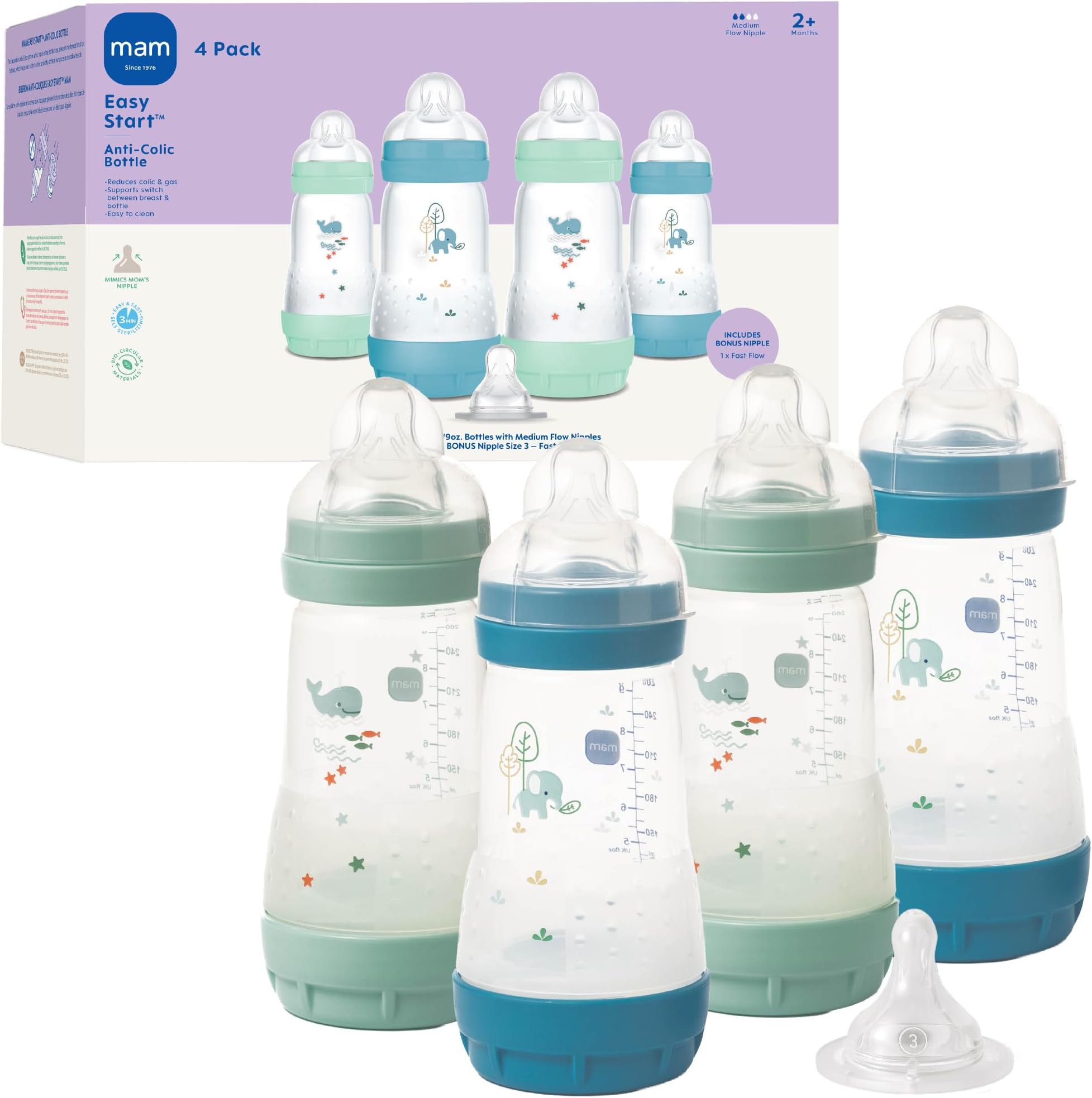 9oz Easy Start Anti-Colic Baby Bottle, Medium Flow with Bonus Fast Flow, Breastfeeding-Like Silicone, Reduces Colic and Gas, Easy-to-Clean, BPA-Free, Vented Bottle for Newborns