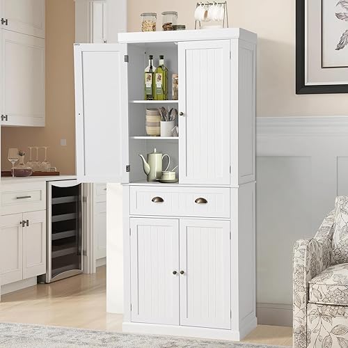 Miniatura 2 de KIGOTY Gabinete de almacenamiento de despensa de cocina con cajón y estantes ajustables para sala de estar, baño o pasillo (blanco, 72 pulgadas de