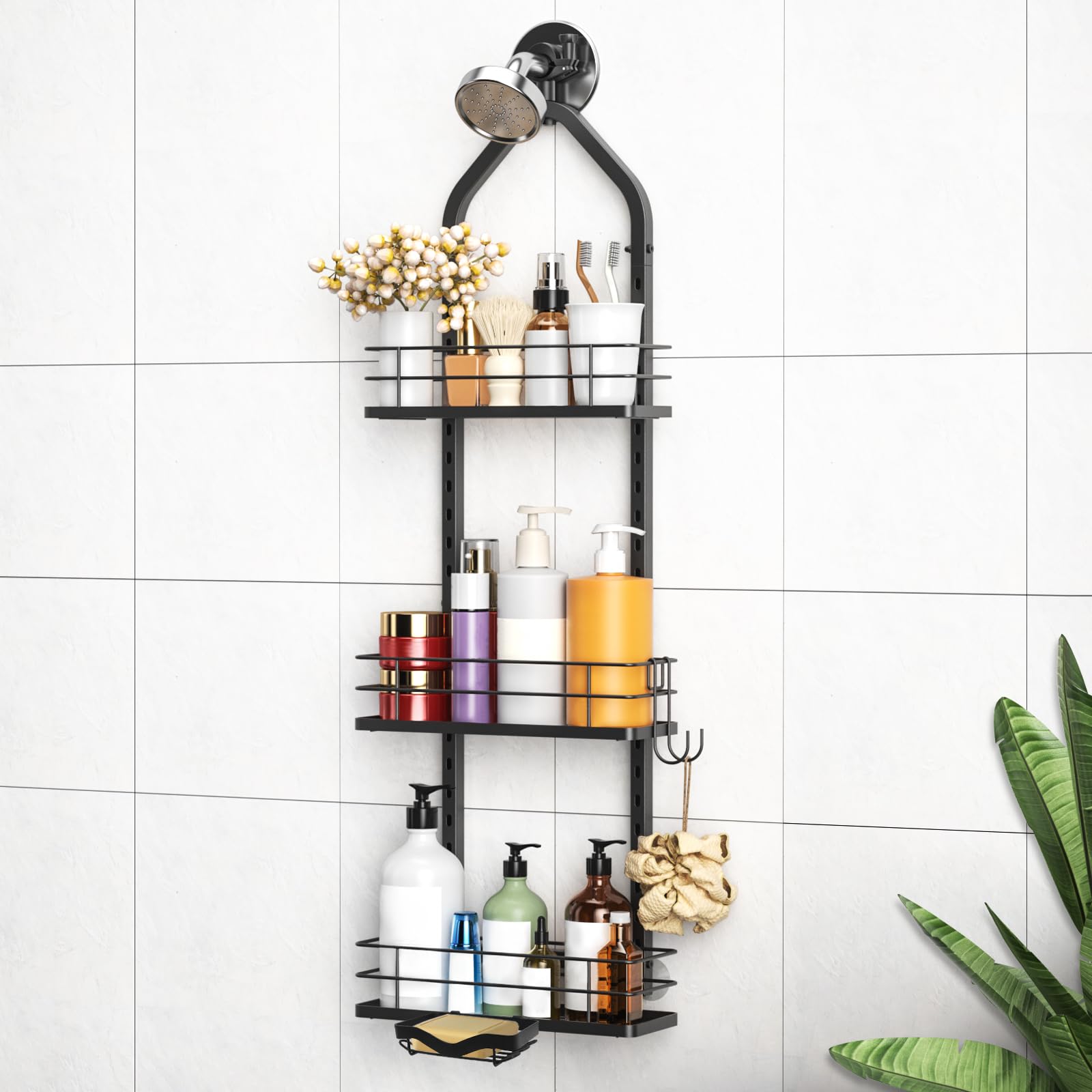 Shower Caddy Hanging (Black), Adjustable Anti-Swing-Over The Shower Head Caddy, 3 Tier Height Bathroom Storage Organizer, Bathroom Shelves Basket Rack, Shower Caddies Rack with Adjustable Soap Basket