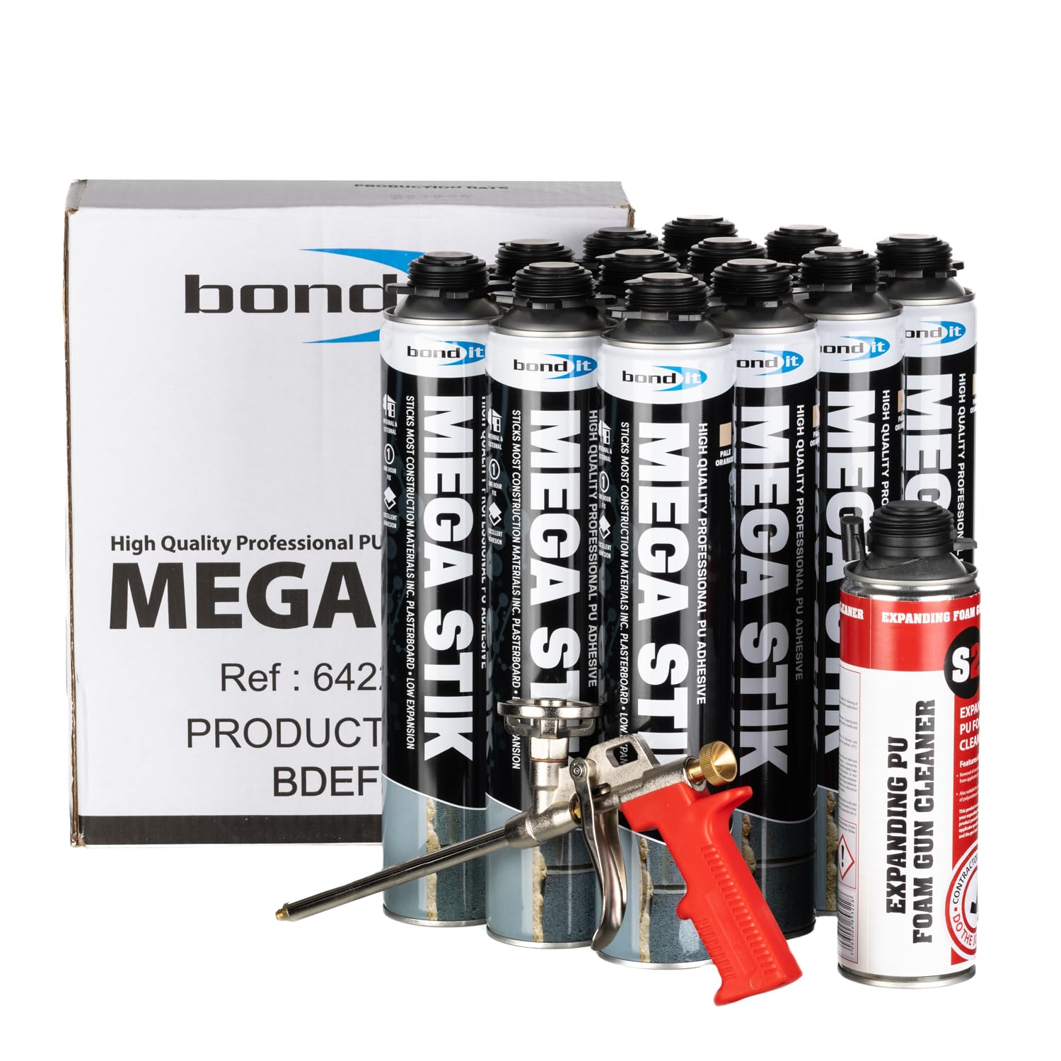 Bond-It Mega Stik PU Adhesive Foam 750ml | No Mess Construction Foam, Plasterboard Adhesive | Box of 12 + Gun & Gun Cleaner