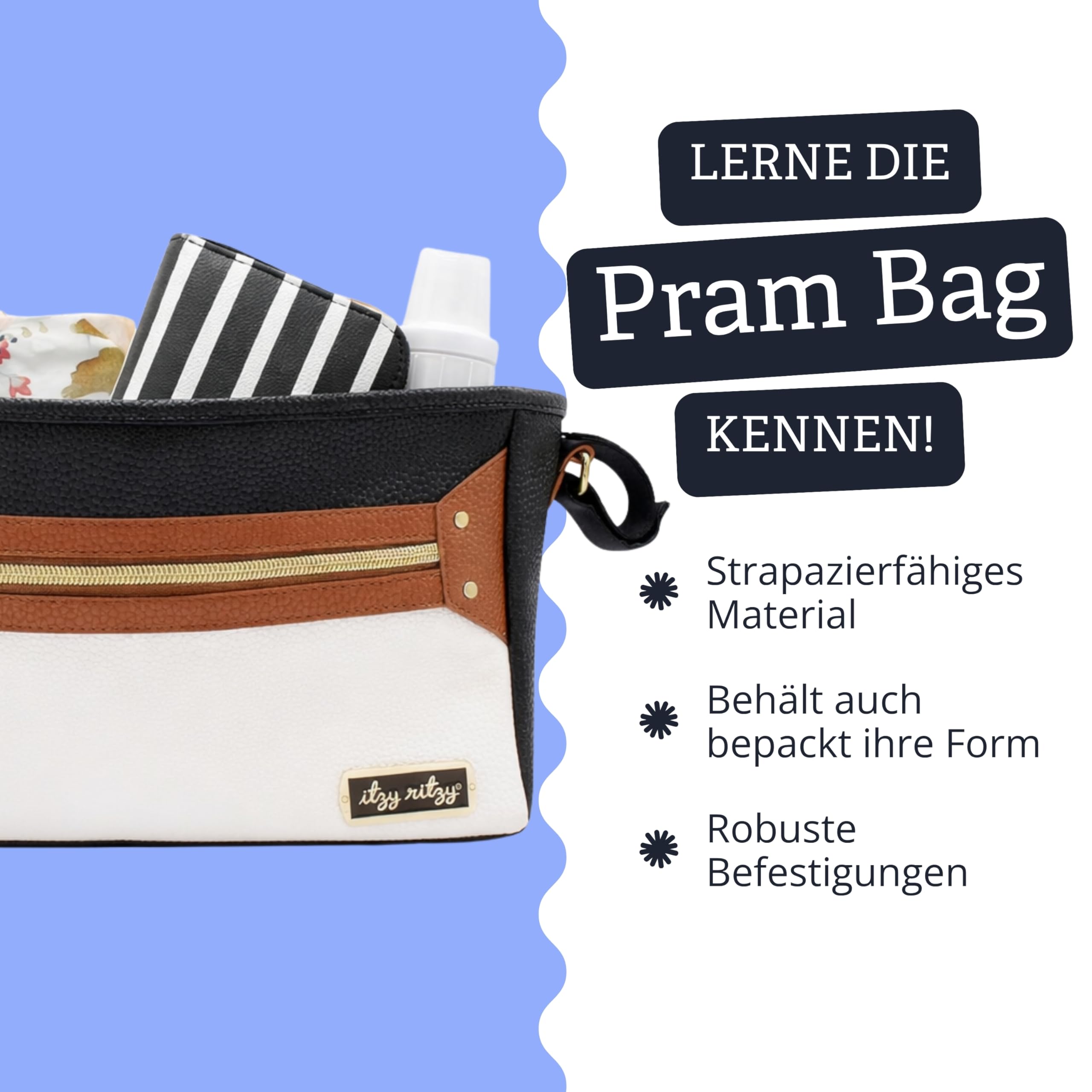Itzy Ritzy Kinderwagen Organizer Tasche – Universal Kinderwagen Organizer mit Getränkehaltern – Stilvolle Buggy Tasche aus veganem Leder – Kinderwagen Zubehör für Eltern – Kaffee & Sahne