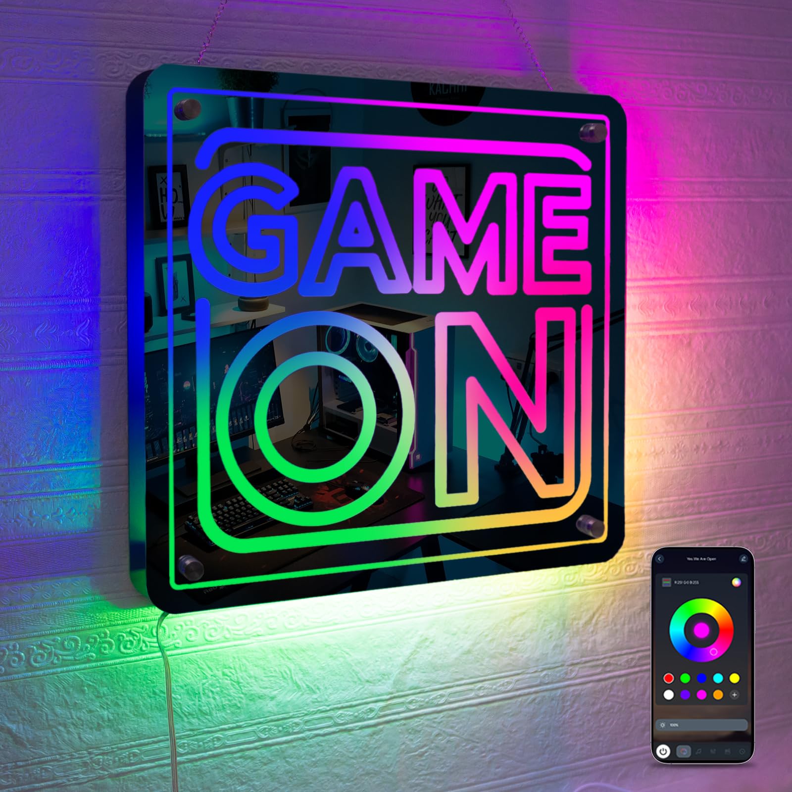 LUCUNSTAR Game On Neon Schild Spiegelfarb Led Schild mit Unterstützung App Dimmbarer Gaming on Leuchtschild zur Dekoration Spiel Led Schriftzug zur Dekoration Game Neon Sign für Gamer Zocker Fans
