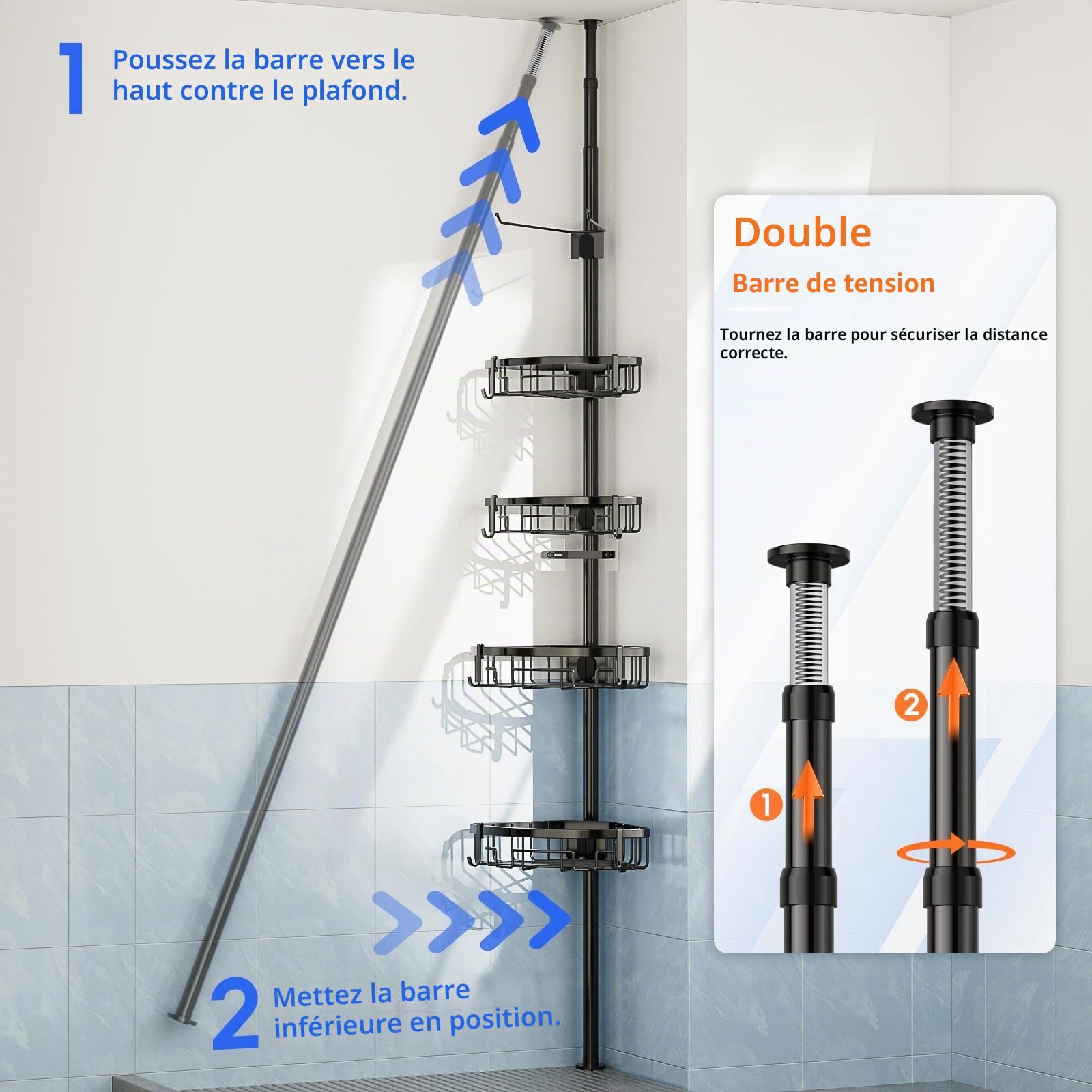 Bomclap Étagère de douche télescopique en métal avec 4 paniers et 1 porte-serviettes, étagère de douche sans perçage pour salle de bain et baignoire, hauteur réglable de 157 à 292 cm, noire
