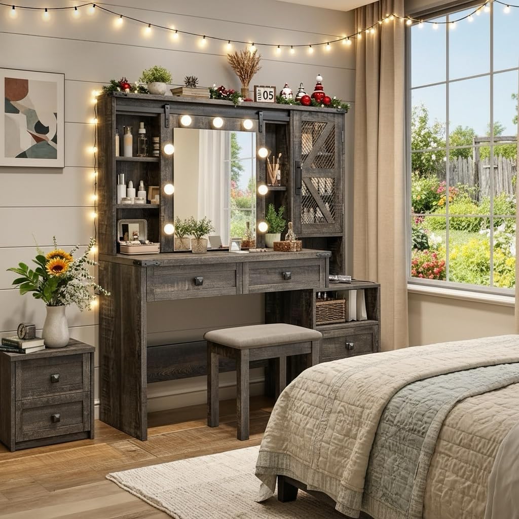 EnHomee Farmhouse Makeup Vanity Desk with Sliding HD Mirror and Lights, Vanity Table with 4 Drawers & RGB Cabinets, Jewelry Organizer, Farmhouse Style for Bedroom, Dark Rustic Oak