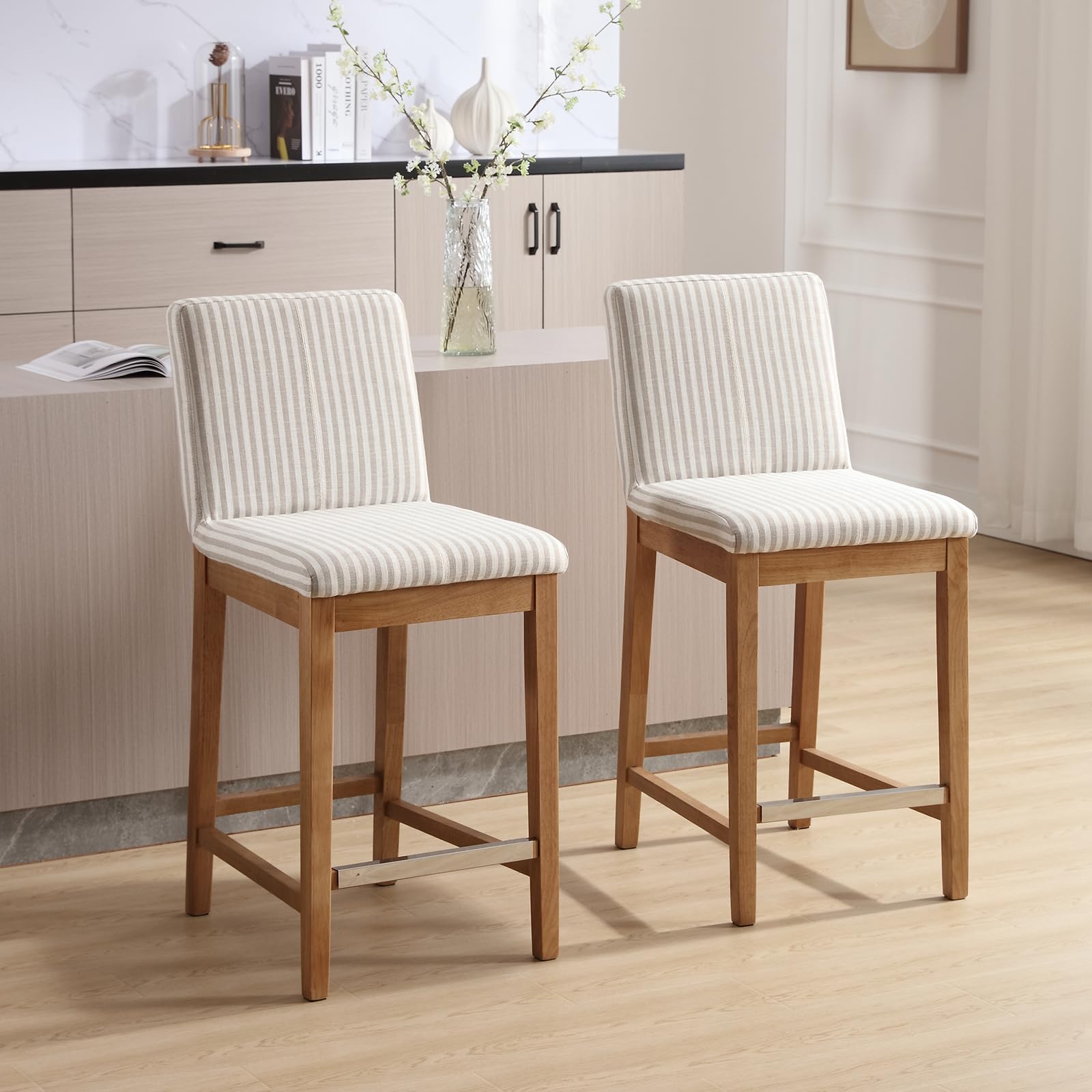 Janoray Wood Counter Stools Set of 2, Mid-Century Modern 26" Counter Height Stool with Back & Footrest Comfy Linen Fabric Barstools Upholstered Stool