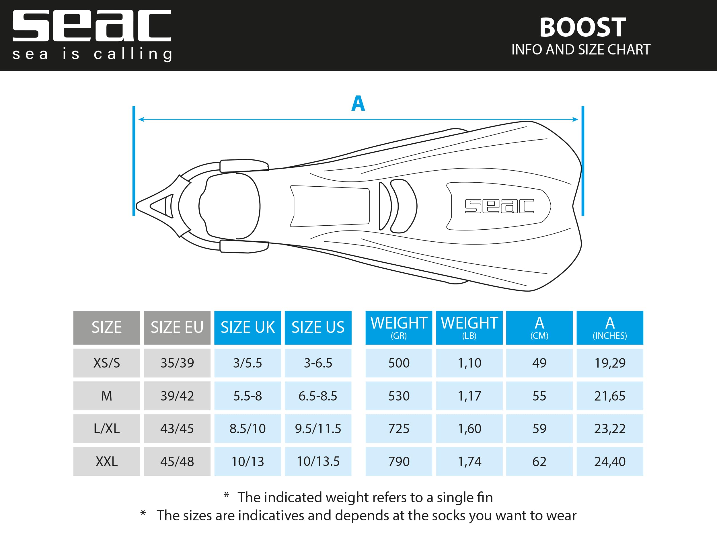 SEAC BOOST – Pinne da Snorkeling e Sub con Cinturino Sling Ultra Confortevole | Da Usare Anche Senza Calzari o Calzini | Extra Leggere, Antiscivolo, Bianco