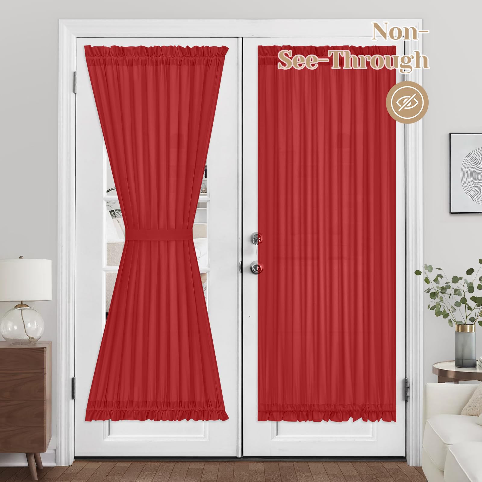 HOMEIDEAS Non-See-Through French Door Curtains Set of 2 for Front Door, Light Filtering Privacy Semi Sheer Window Curtains with Rod Pocket and Tie Back, Red, 54W X 72L Inch