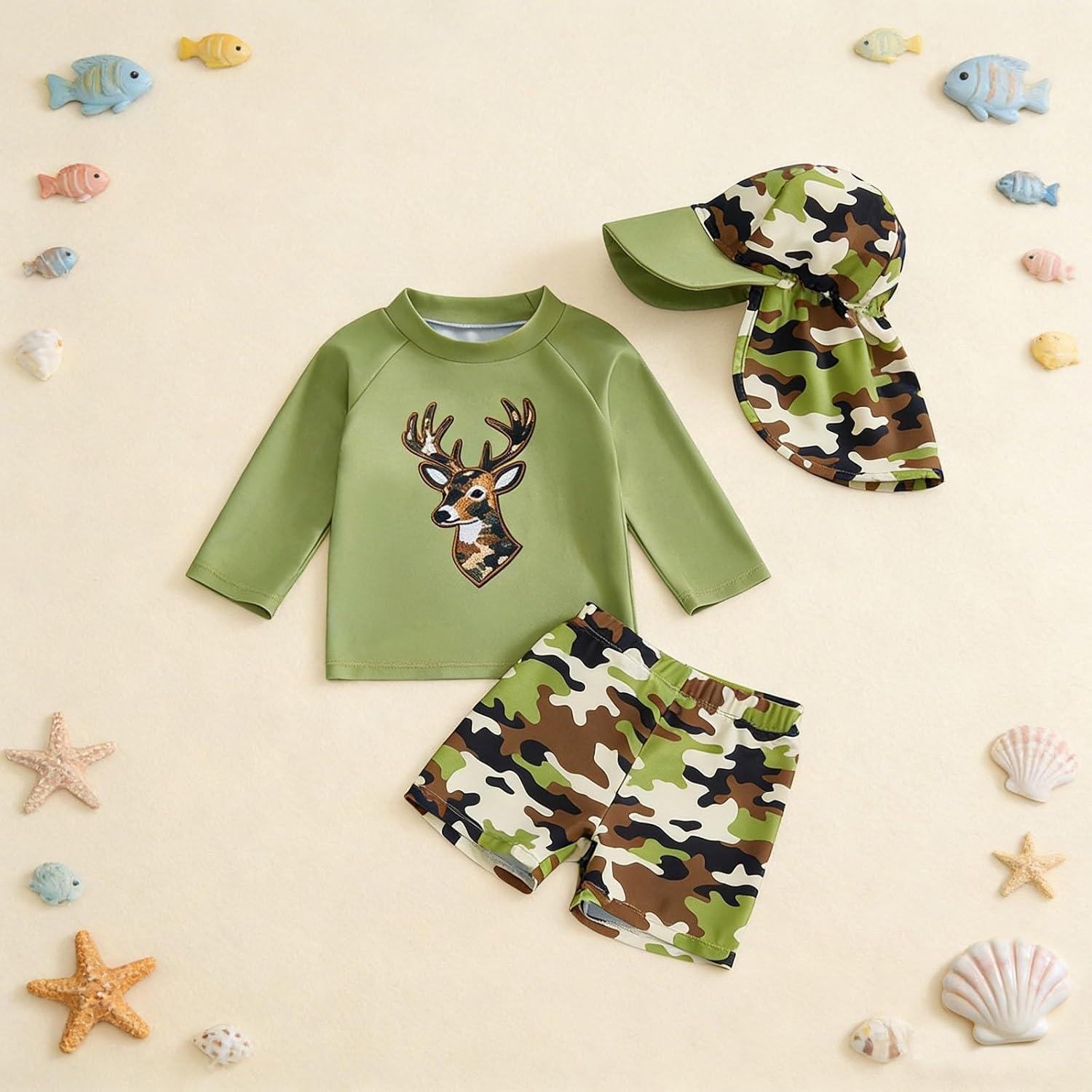 Swimming Top and Boys Swim Trunks 3-Piece Quick Dry Long Sleeve Swimwear Boys Cartoon Print Round Neck Pool Rash Guard Sets