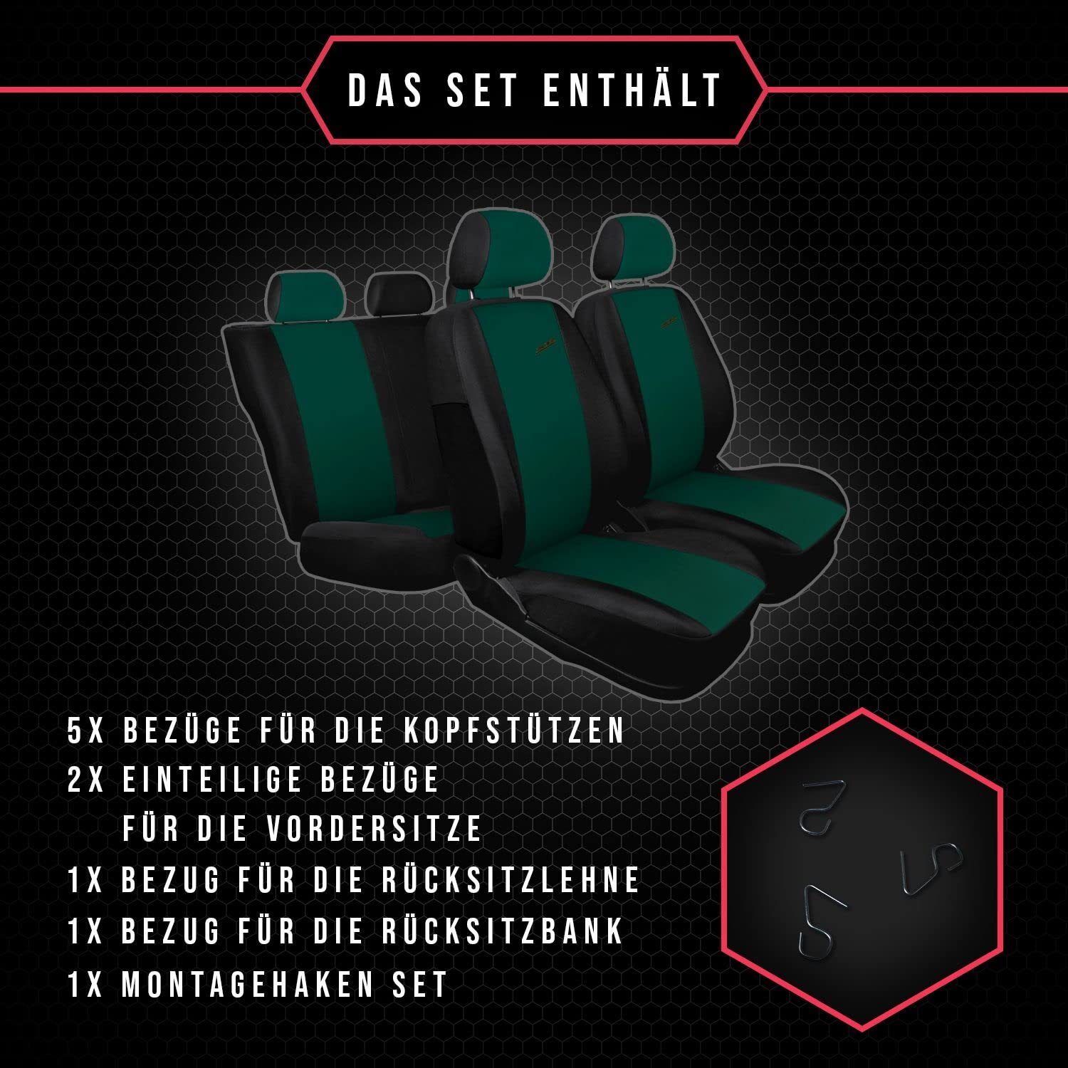 3er Set Autositzbezüge PKW universal | Auto Sitzbezüge Polyester Grün für Airbag geeignet | für Vordersitze und Rückbank | 1+1 Autositze vorne und 1 Sitzbank hinten teilbar 2 Reißverschlüsse