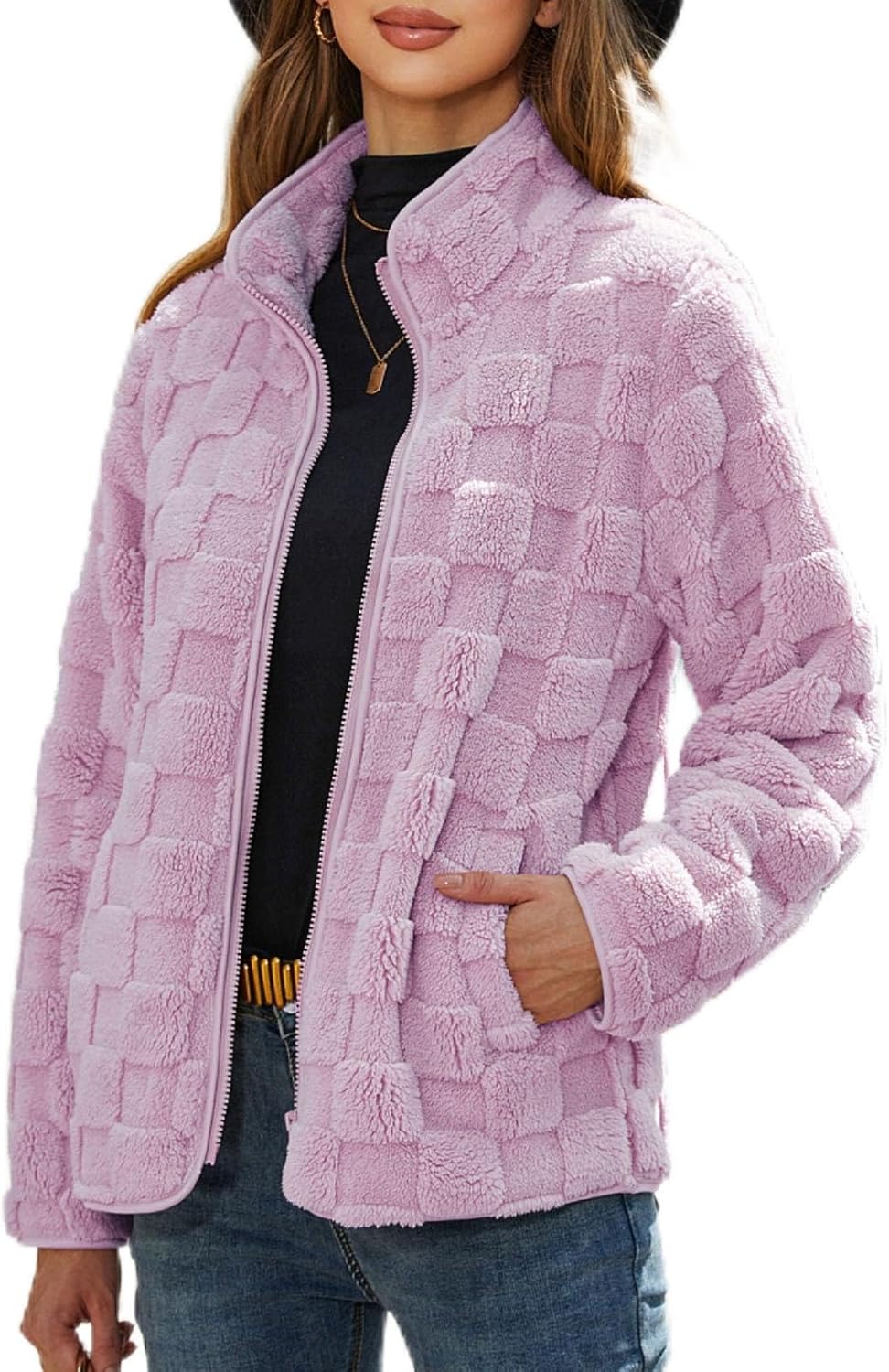 Women Winter Casual Checkered Fleece Jacket Fuzzy Oversized Sherpa Cardigan 2025 Open Front Draped Pockets Coats