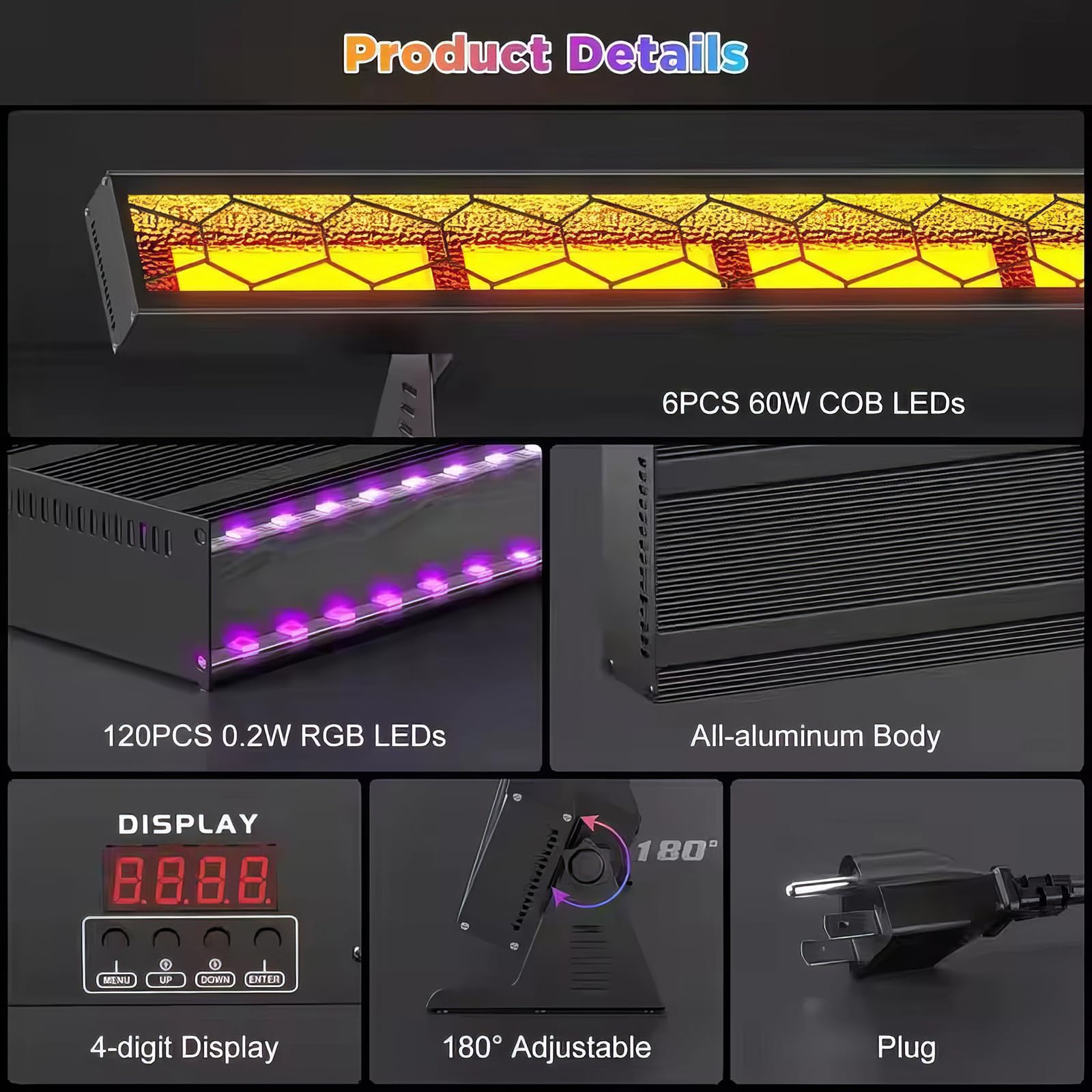 Luces LED de pared, barra de luces LED para escenario con 6 LED COB ámbar y RGB de fondo, efectos multicolor, control de estrobo y píxeles, DMX, activación por voz, luz estroboscópica para discotecas