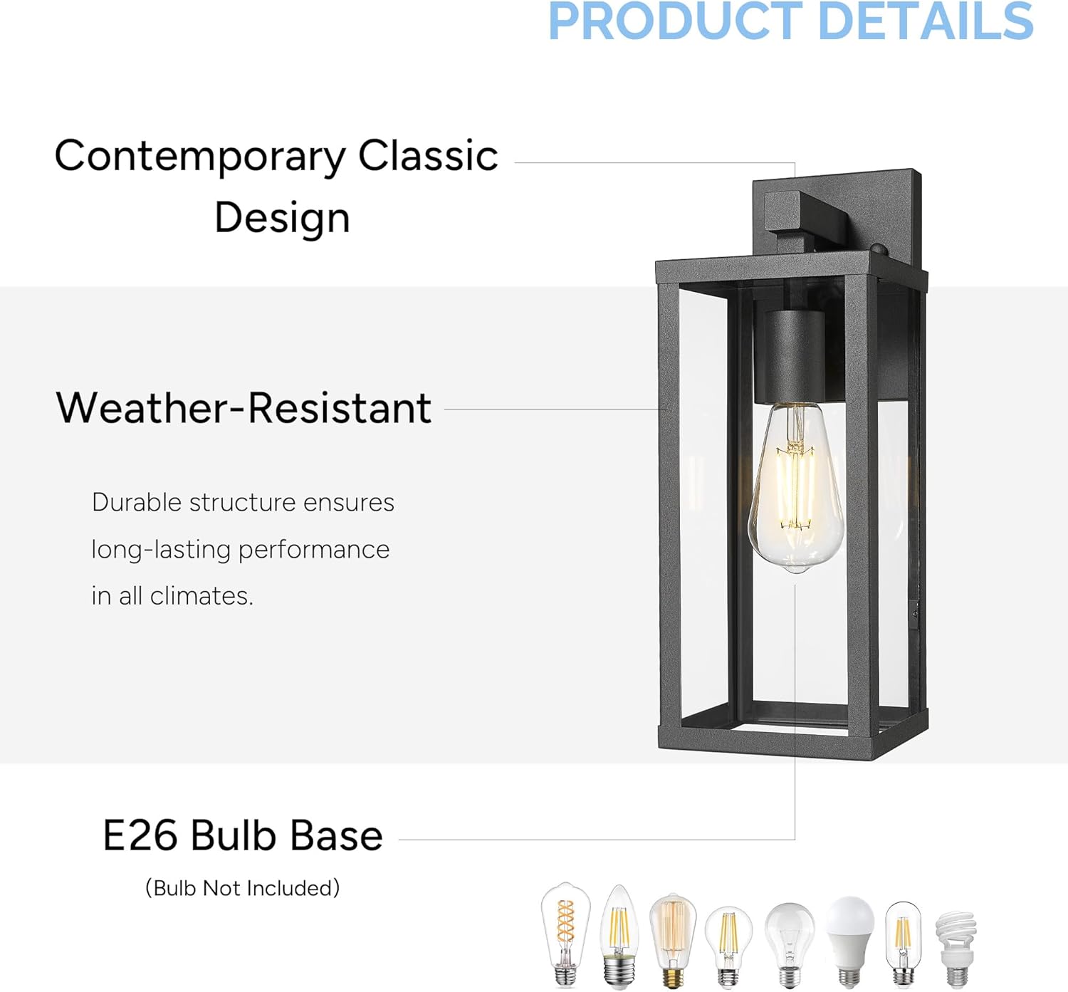 15.5" Outdoor Wall Light,Black Outdoor Wall Lantern with Clear Glass, Weather Resistant Porch Light for House, E26 Base Exterior Lighting Fixture for Garage, Entryway, Patio (1 Pack)